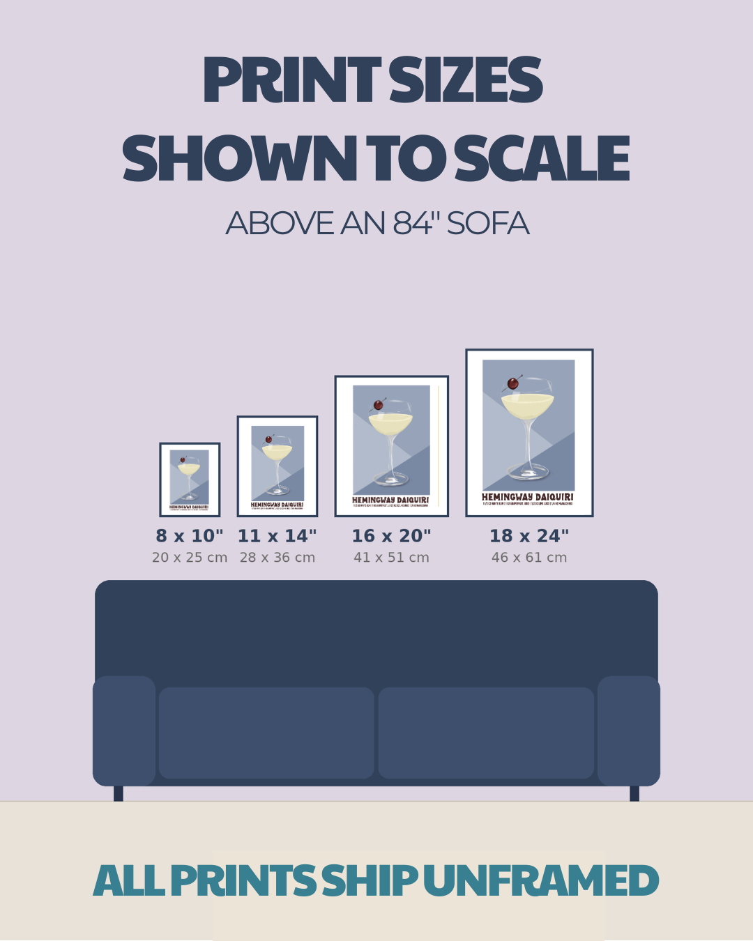 Size comparison chart for cocktail prints: 8x10, 11x14, 16x20, 18x24