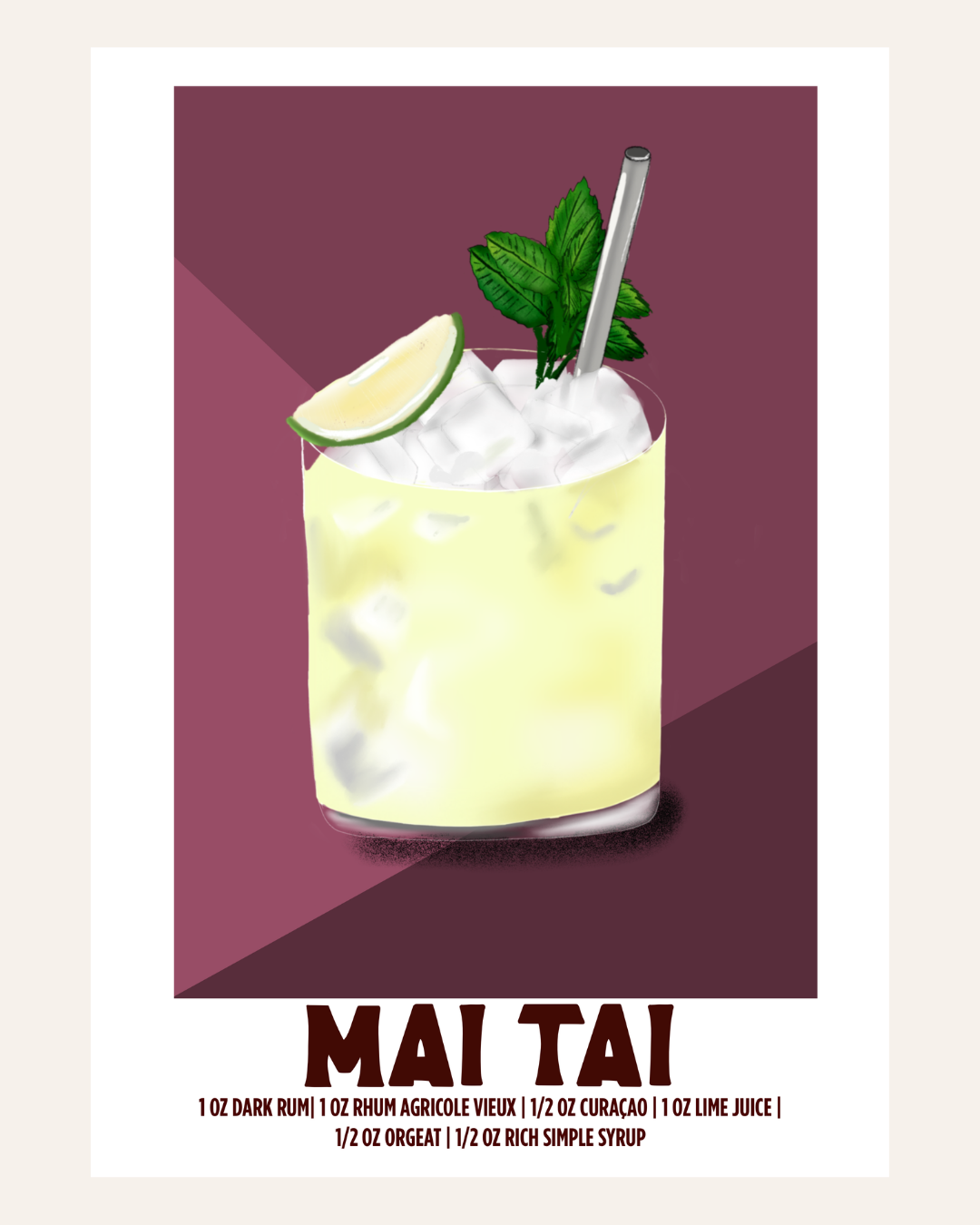 Mai Tai cocktail poster illustration with recipe, plum background