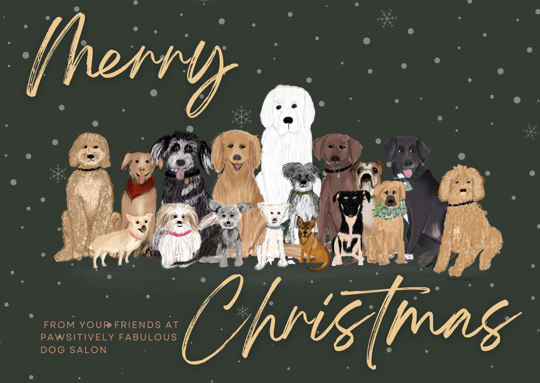 Illustrated Christmas card featuring a group of dogs of various breeds and sizes, sitting together against a dark green snowy background with “Merry Christmas” written in gold script.