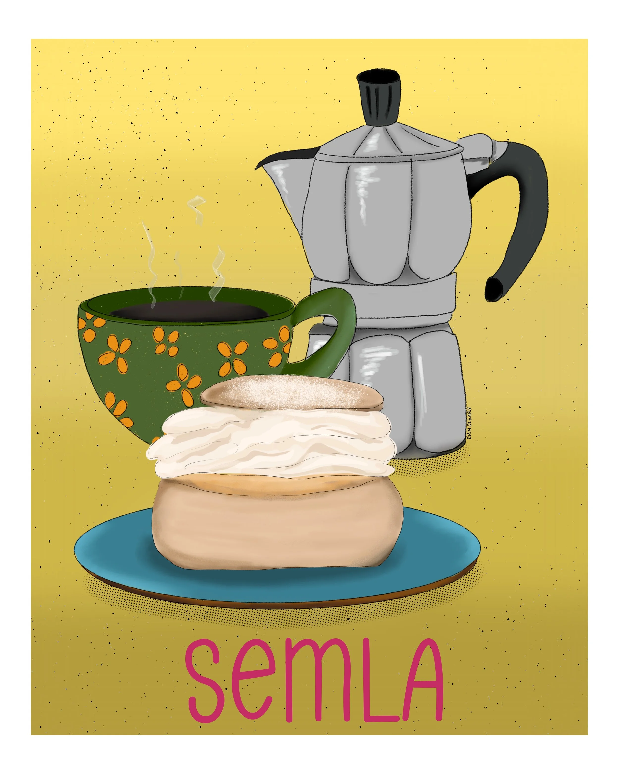 A warm illustrated poster of a Swedish semla - a cardamom wheat bun filled with almond paste and topped with a generous swirl of whipped cream - on a blue plate beside a green floral coffee mug and silver. moka pot, on a golden yellow background.