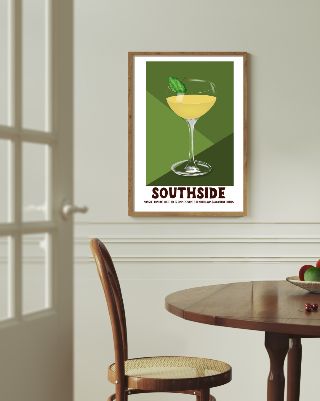 Southside cocktail art print styled above a dining room table