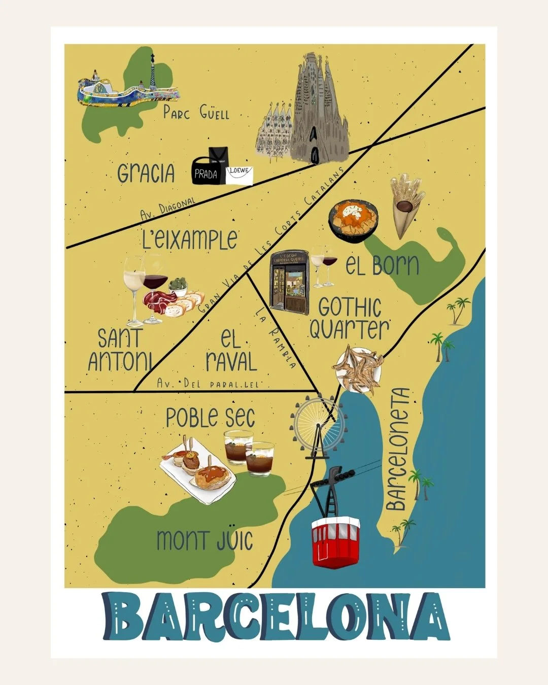 Barcelona illustrated city map art print, unframed