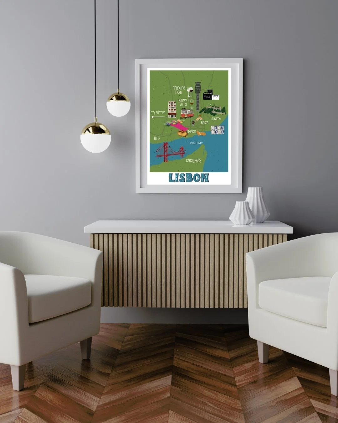 Lisbon map print framed in a modern living room