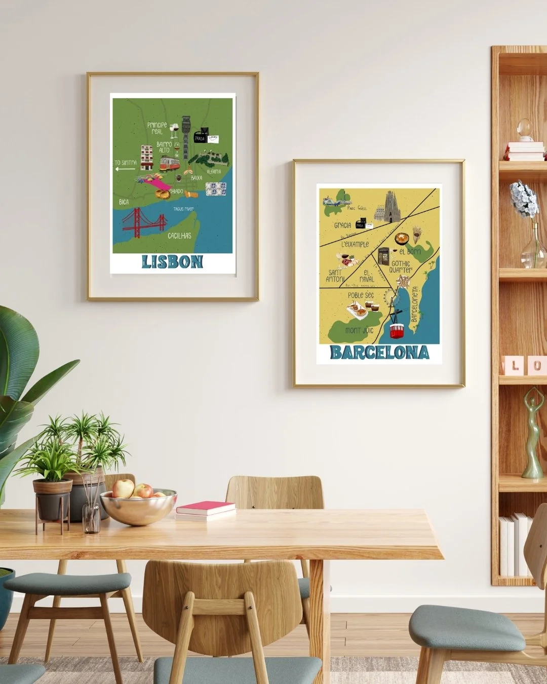 Lisbon and Barcelona map prints as a gallery wall