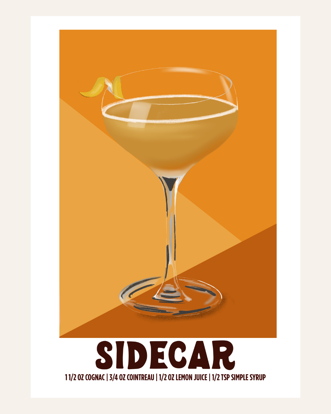 Sidecar cocktail poster illustration with recipe, orange background