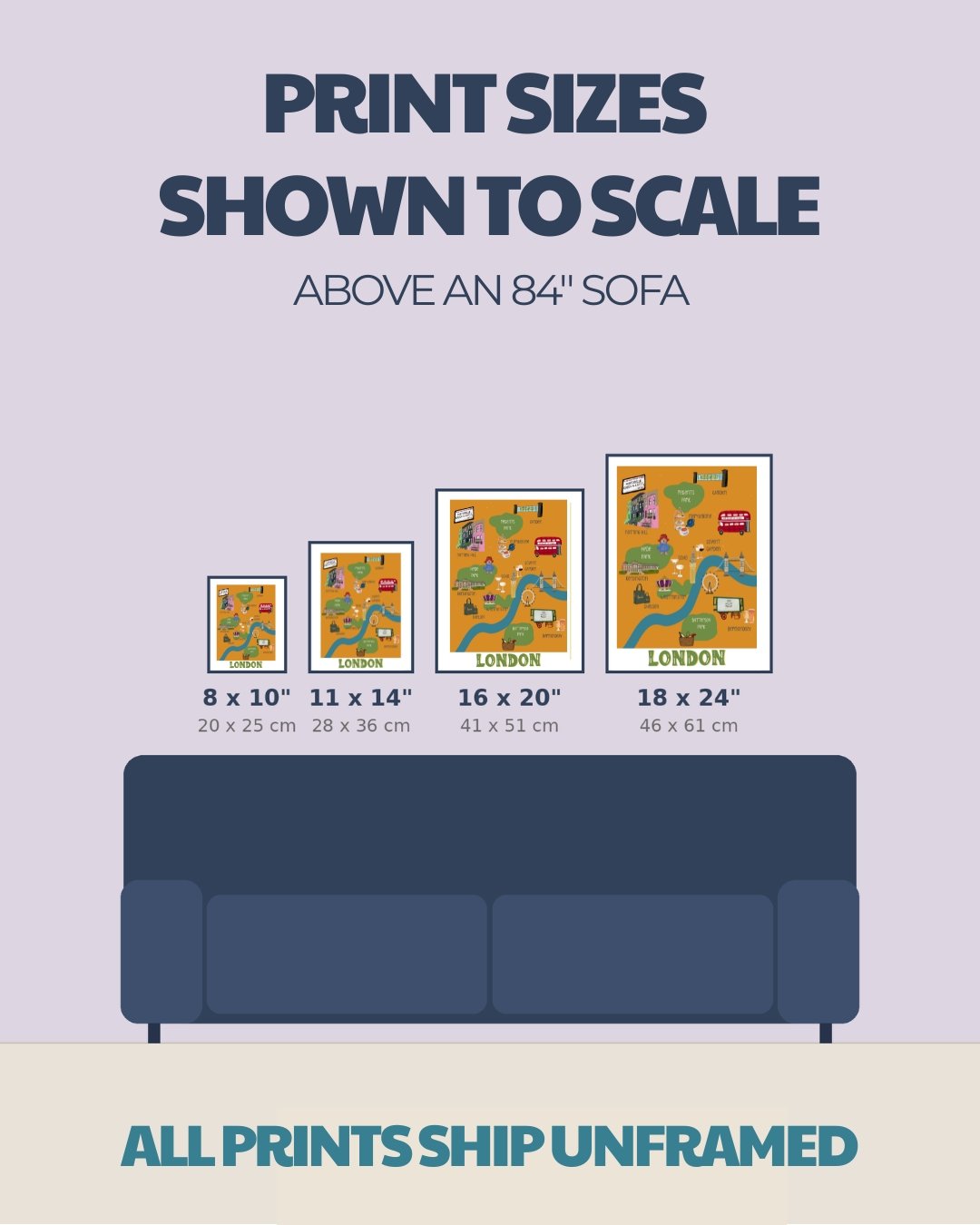 London map print size comparison chart, 8x10 to 18x24 inches