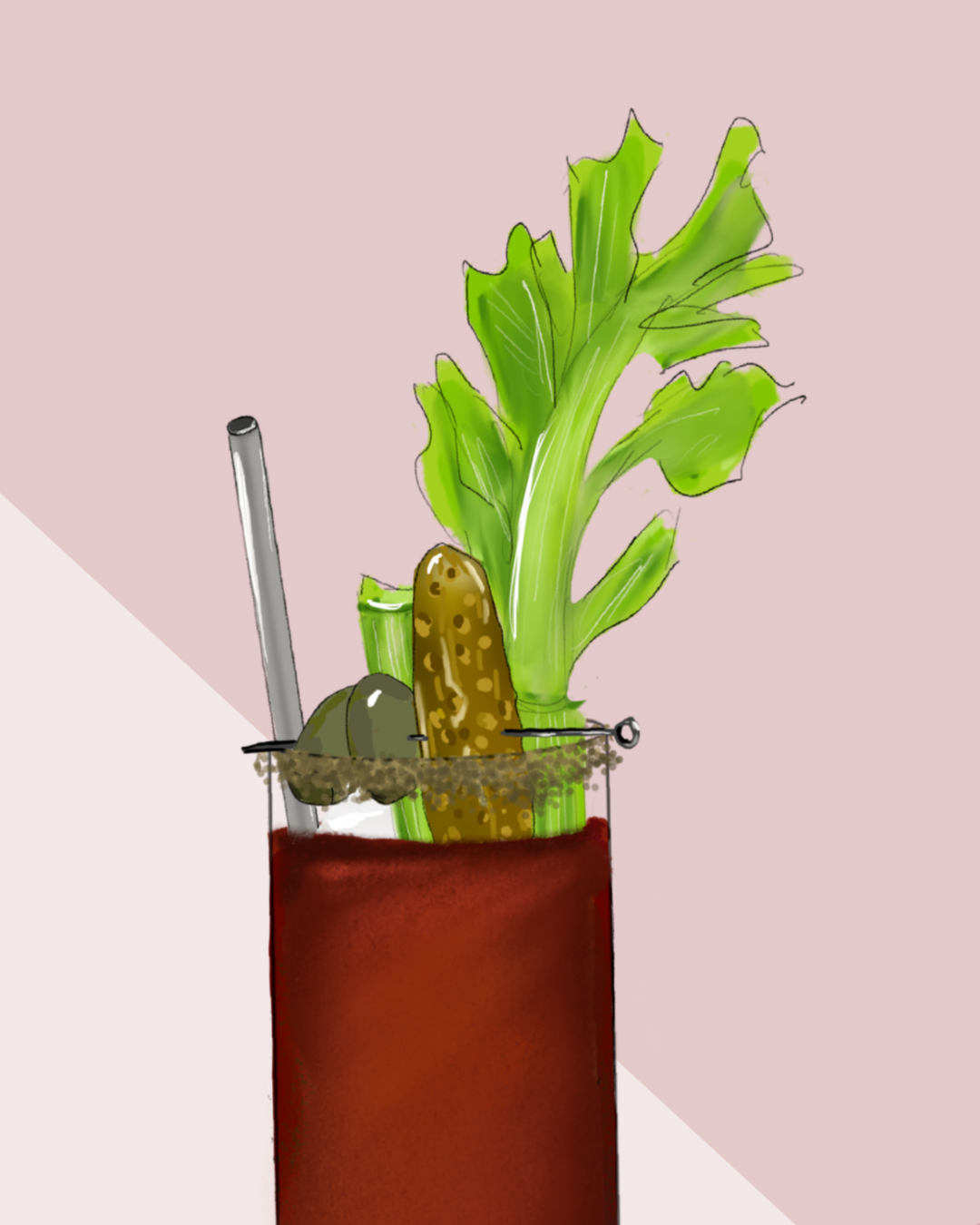 Close-up detail of the hand-illustrated Bloody Mary glass and assorted garnishes