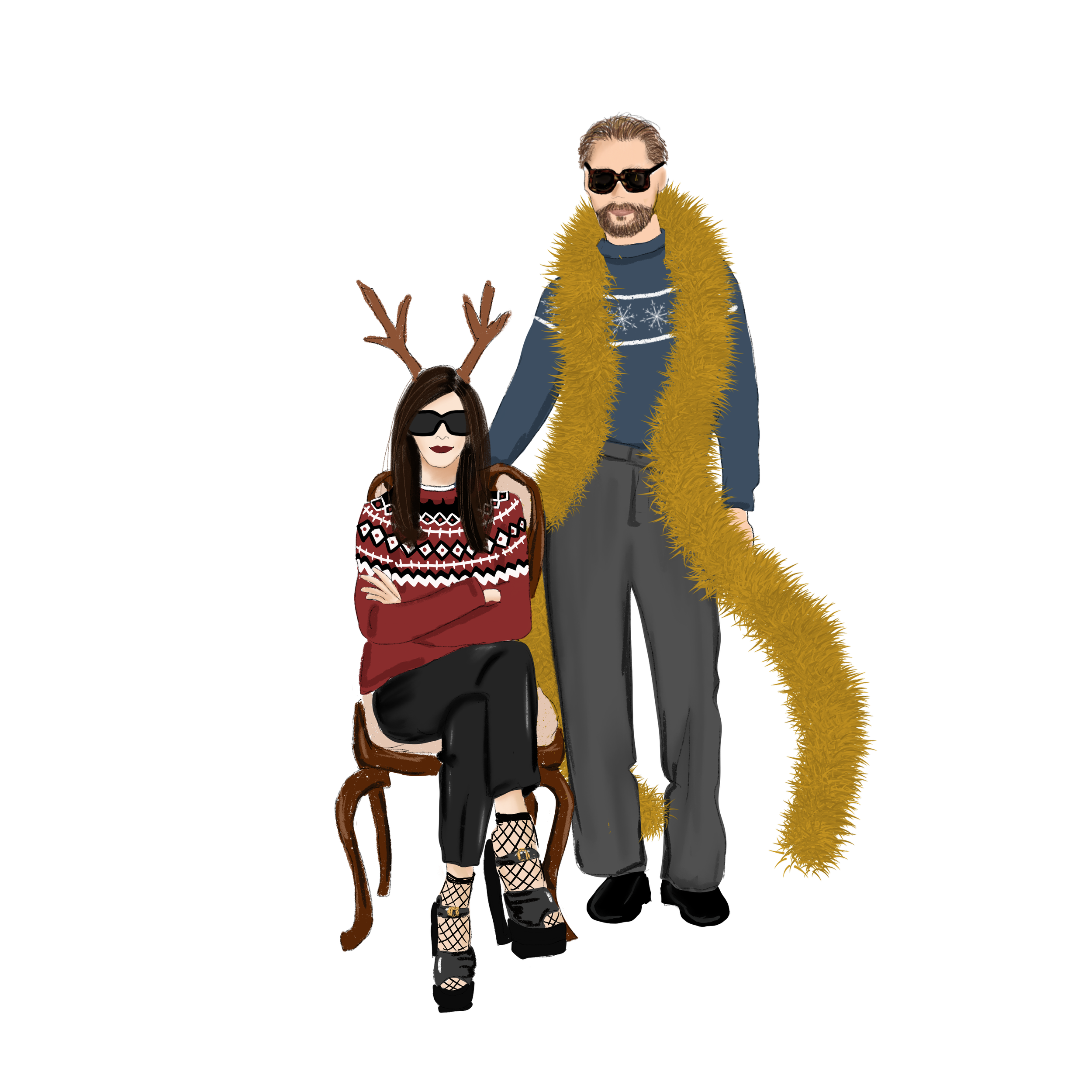 Fun holiday card portrait of a couple in quirky festive outfits and props. Personalized illustrated cards by Denim & Ink.