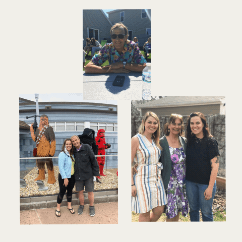 A collage of three photos: the top photo shows a person wearing sunglasses and a colorful shirt at a table outside; the bottom left photo features two people posing in front of a statue with figures resembling a Wookiee and a Stormtrooper; the bottom right photo shows three people standing together, dressed in summer attire.