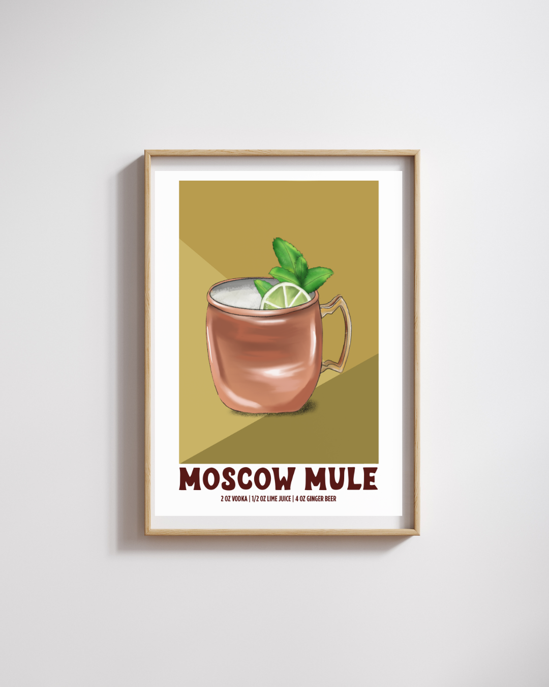 Framed Moscow Mule cocktail illustration print hanging on a neutral wall