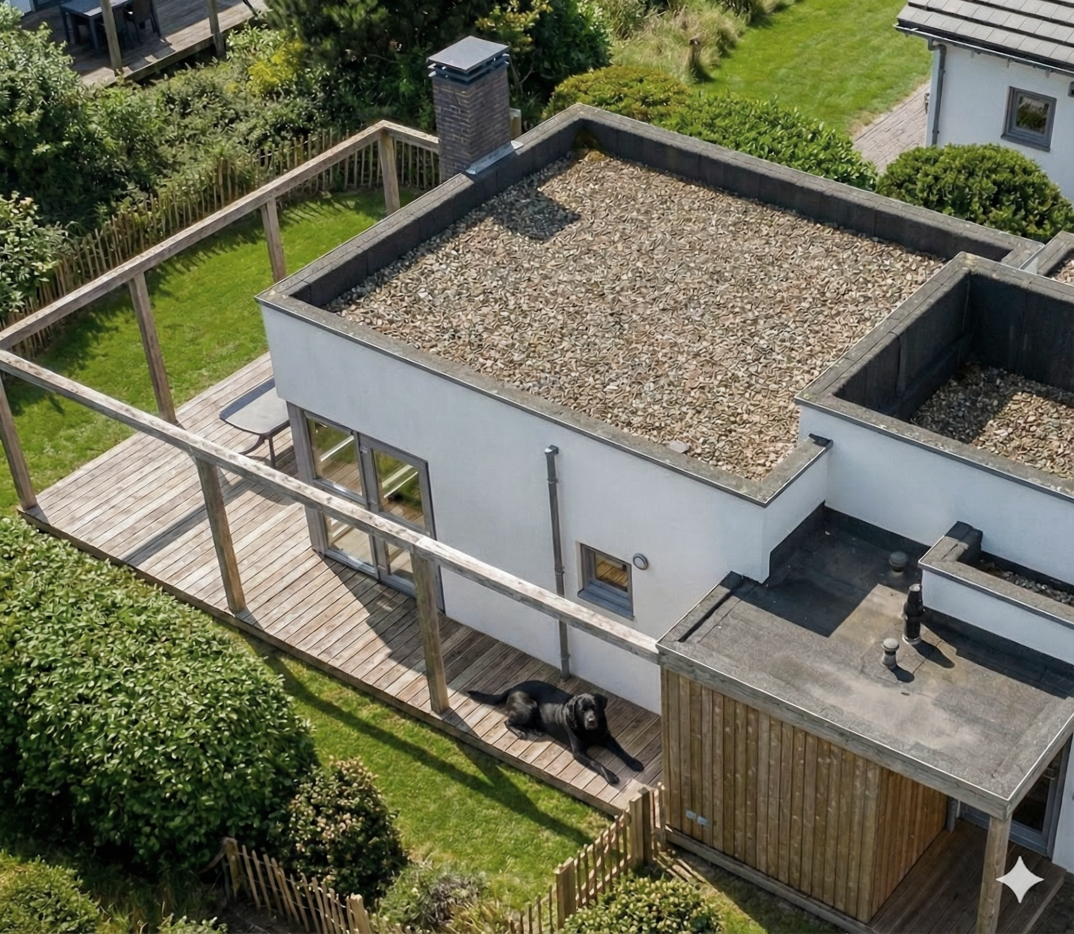 Vogelperspektive auf ein modernes Haus mit Außenbereich, grünem Garten, Holzterrasse, Ziegelmauer und einem schwarzen Hund, der auf der Terrasse liegt.