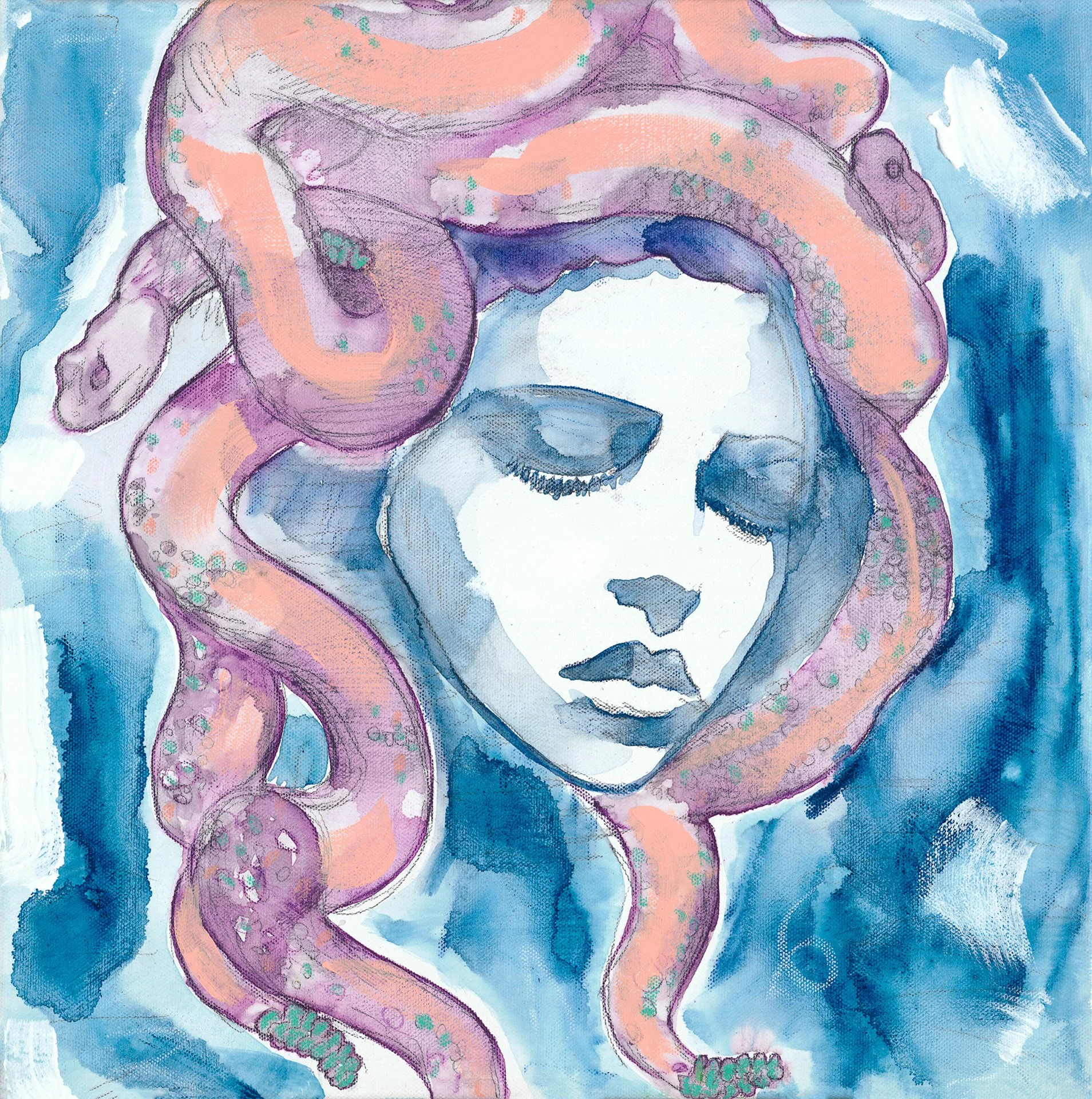 "Bedhead" -Allegra Sleep 
16"x16" Mixed Watermedia on Canvas Gallery Wrap
$800.00, Available at Fall Arts at the Blumenschein Home and Museum 
Sept 4 to Oct 30, 2026 