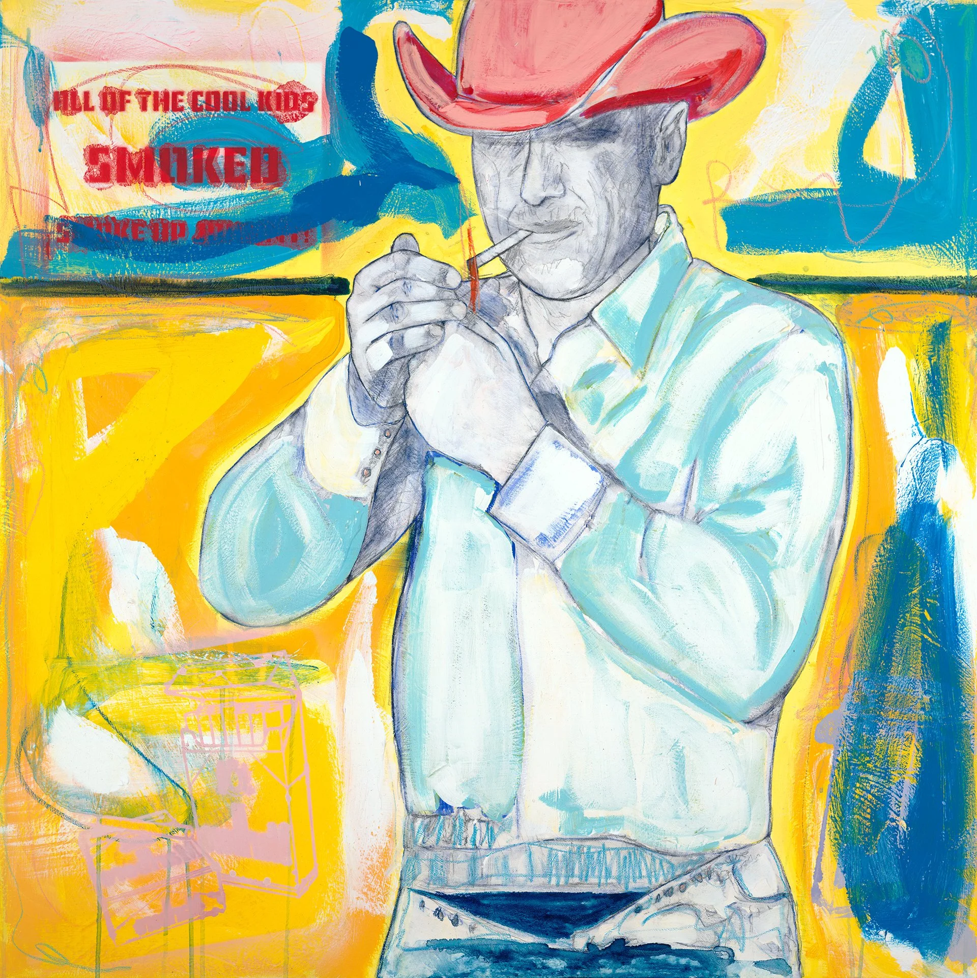 "All The Cool Kids Smoked" -Allegra Sleep, 40"x40" Watercolor, Acrylic and Spraypaint on Canvas $4,200.00, Available direct from the artist