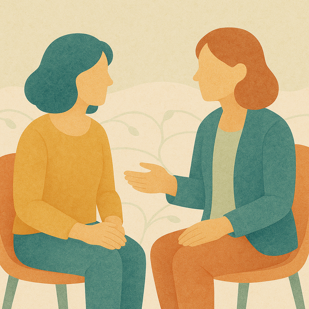 Two women sitting on orange chairs having a conversation, one gesturing with her hand.