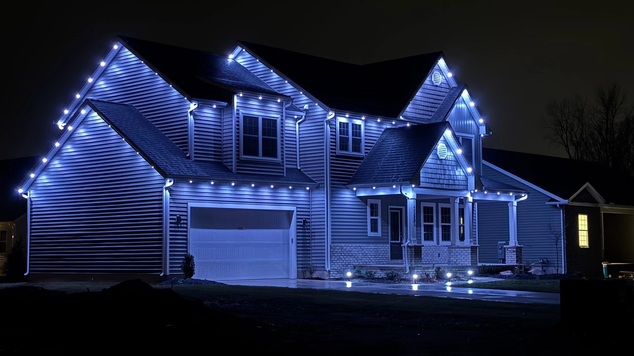 A house decorated with blue and white Christmas lights at night, with a dark sky and some trees in the background.