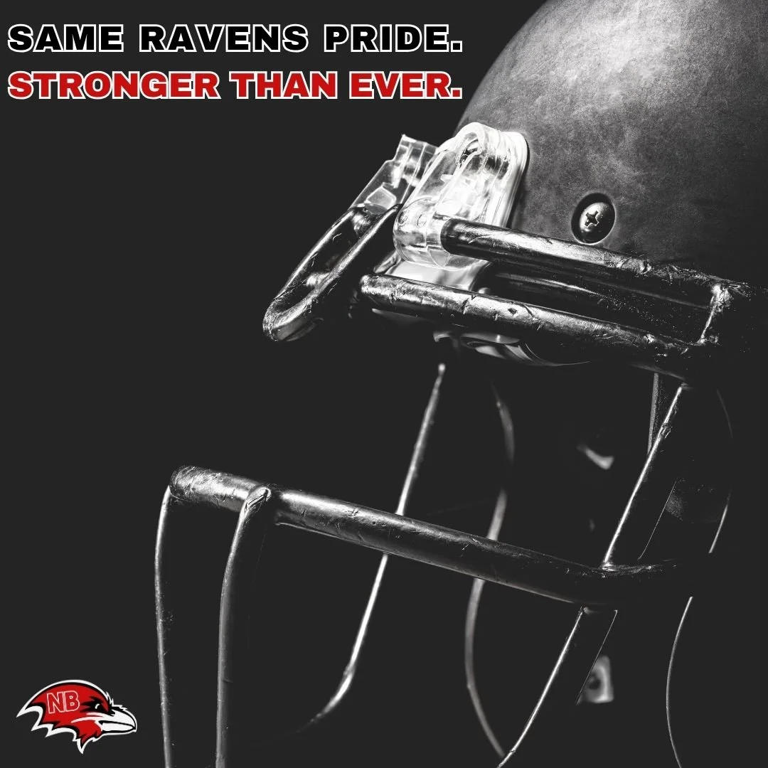 A black and white image of a football helmet with a facemask, with a motivational quote in the top left corner that reads 'Same Ravens Pride. Stronger Than Ever.' The bottom left corner features a logo of a bird's head with the letters 'NB'.