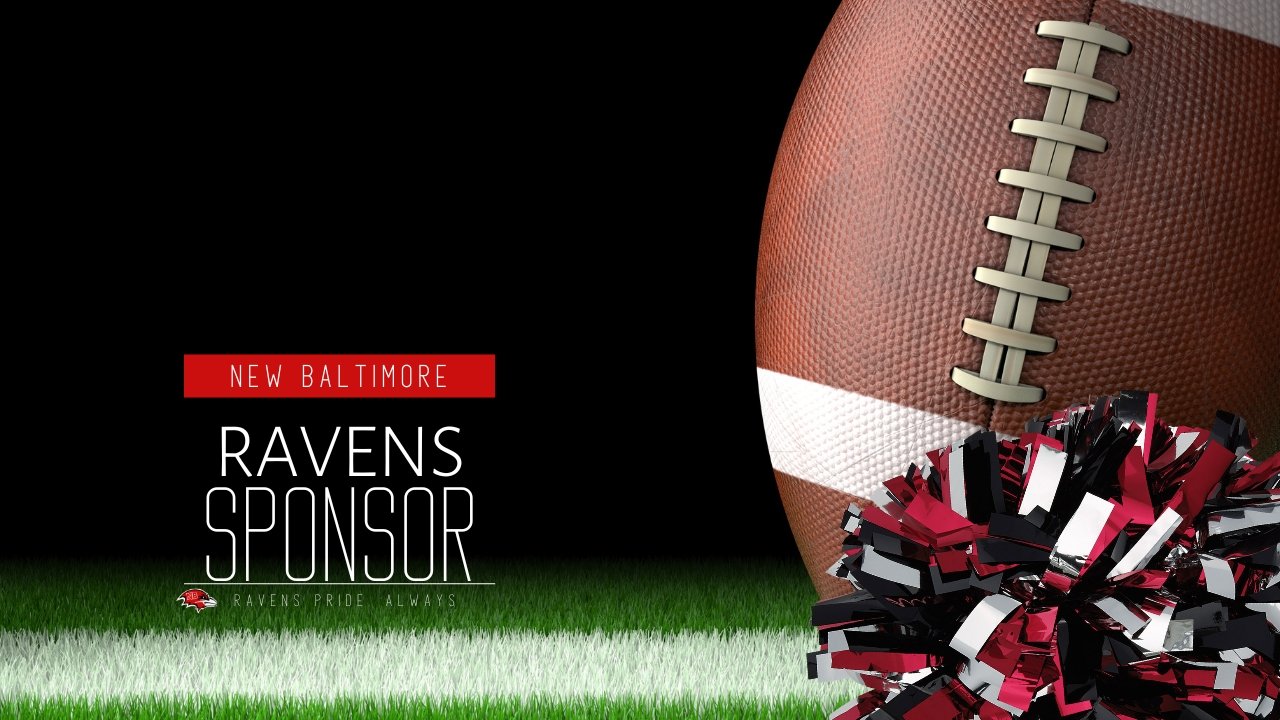 A football with red, white, and black pom-poms on artificial grass, promoting the Baltimore Ravens as a team sponsor.