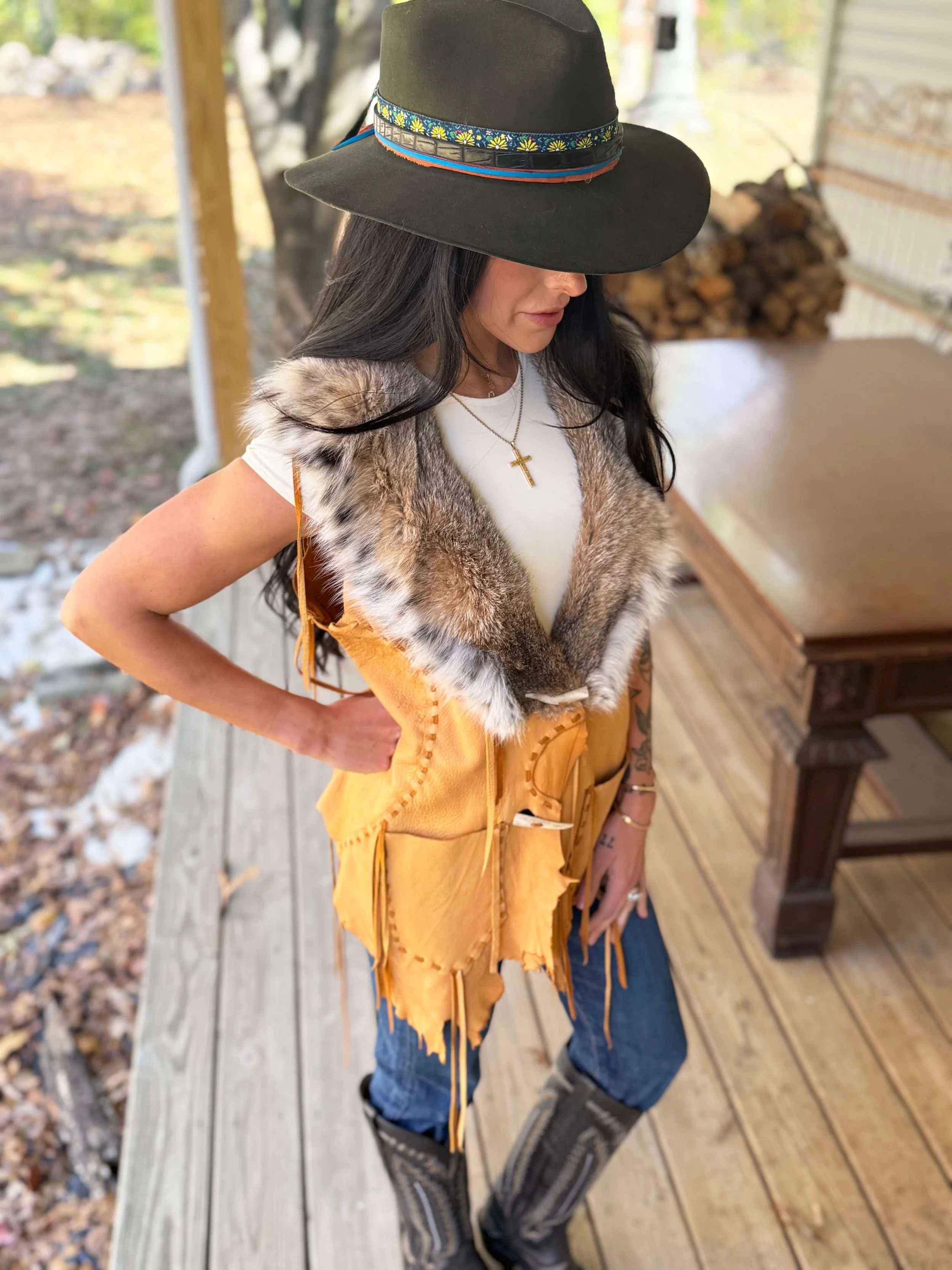Deerskin Vest with Bobcat  collar