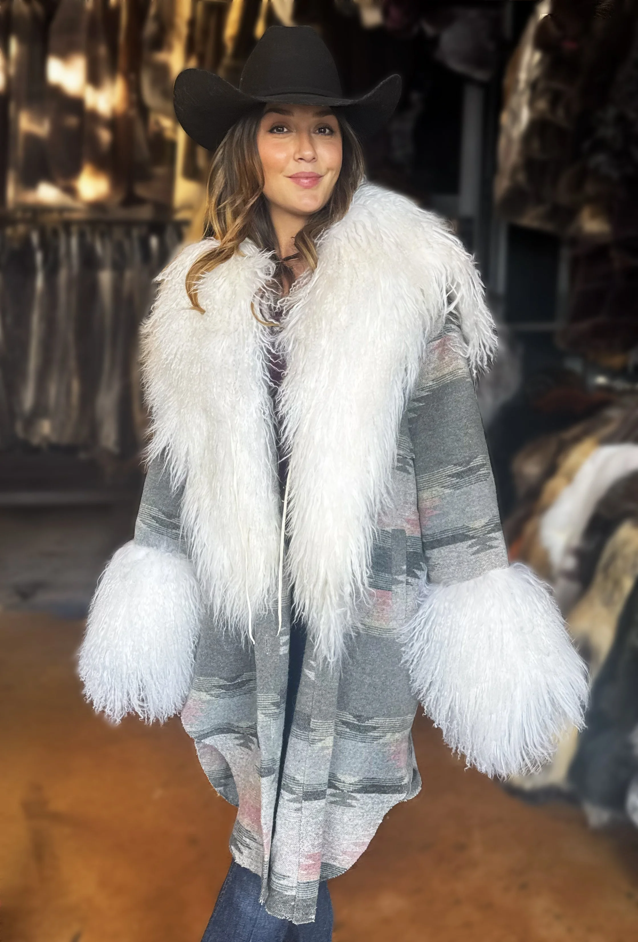 Aztec Pink and Grey Jacket with White Mongolian Lamb Collar and Cuffs