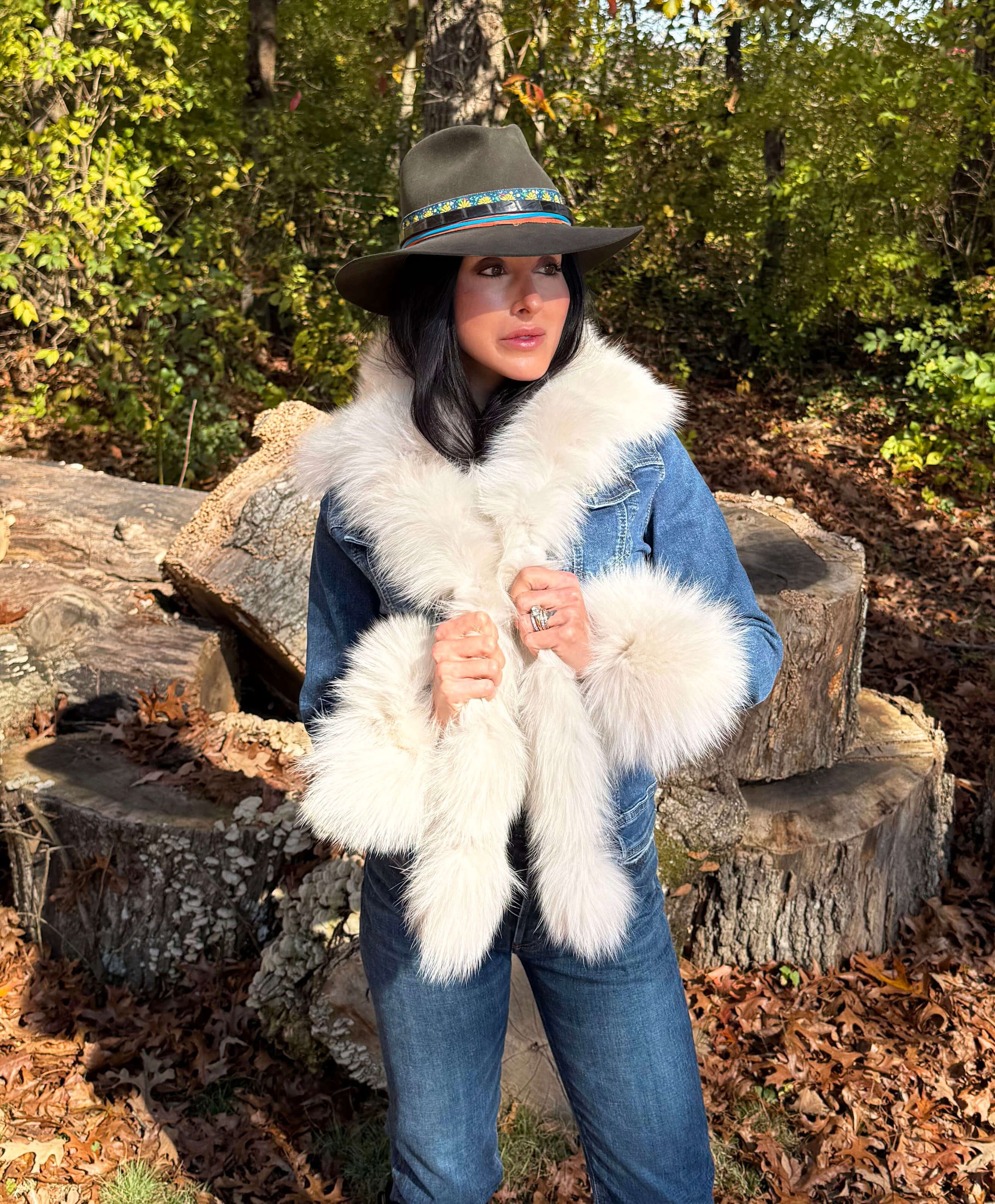 Fox Trimmed Jean Jacket White