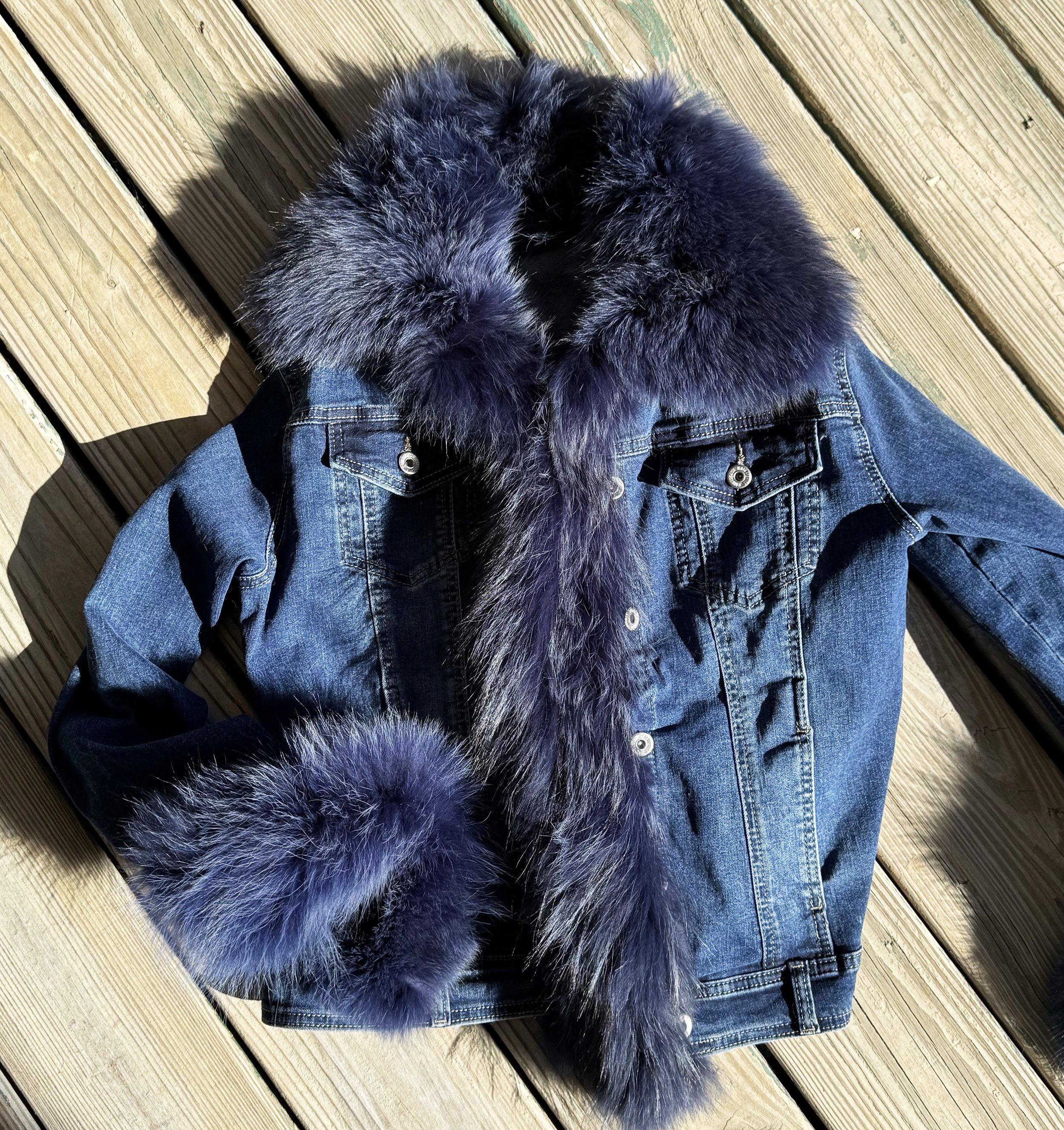 Fox Trimmed Jean Jacket Blue