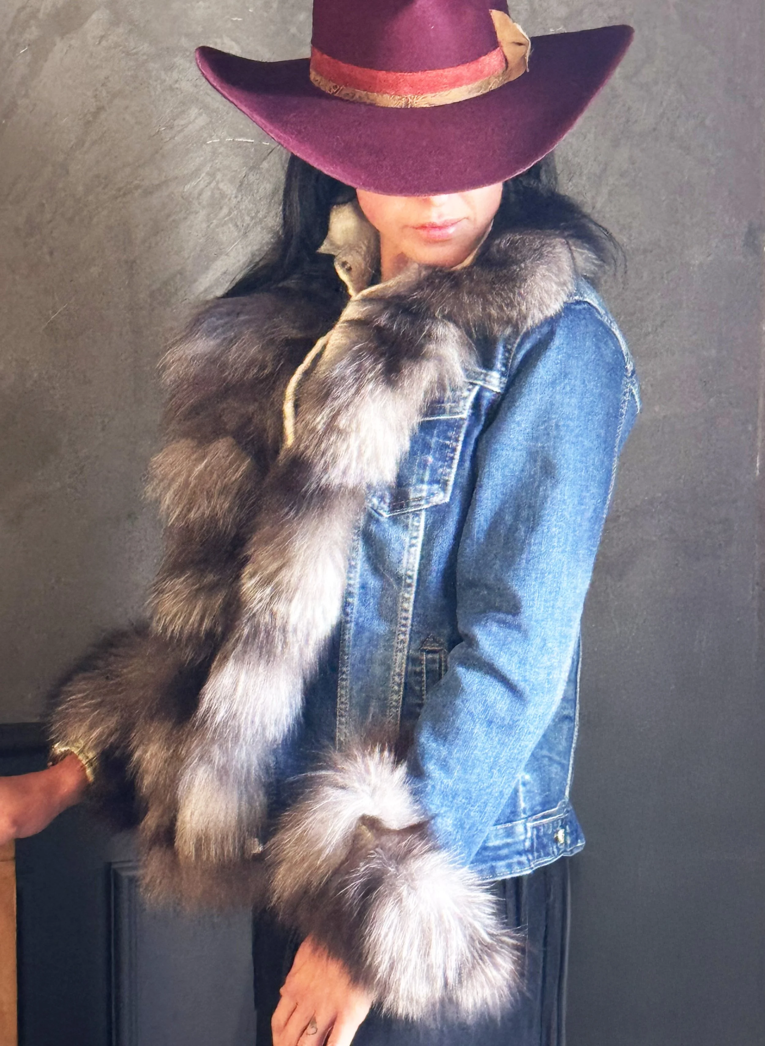 Fox Trimmed Jean Jacket  Silver