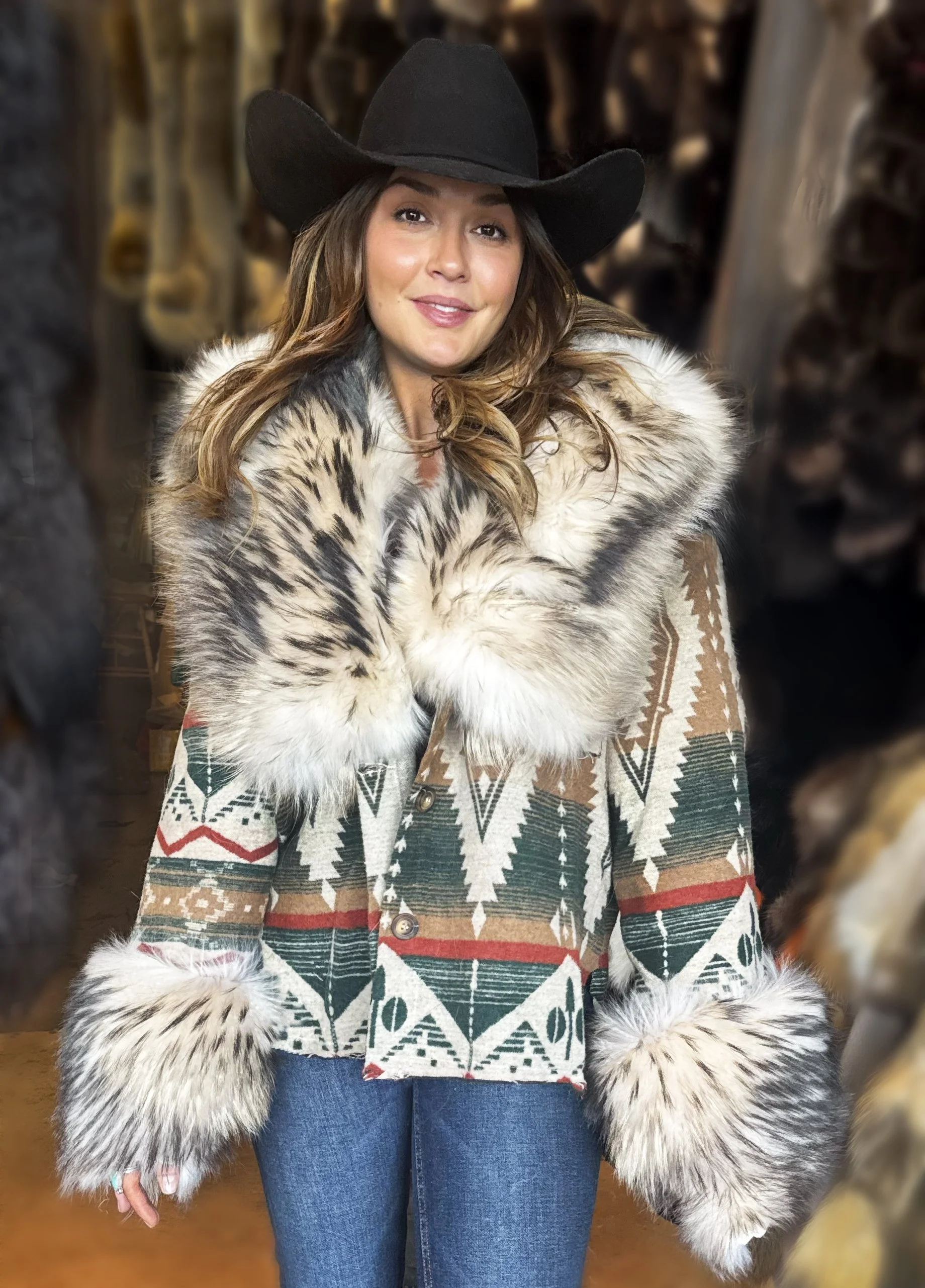 Aztec Green and Burgundy  short Jacket with Finnish Raccoon Collar