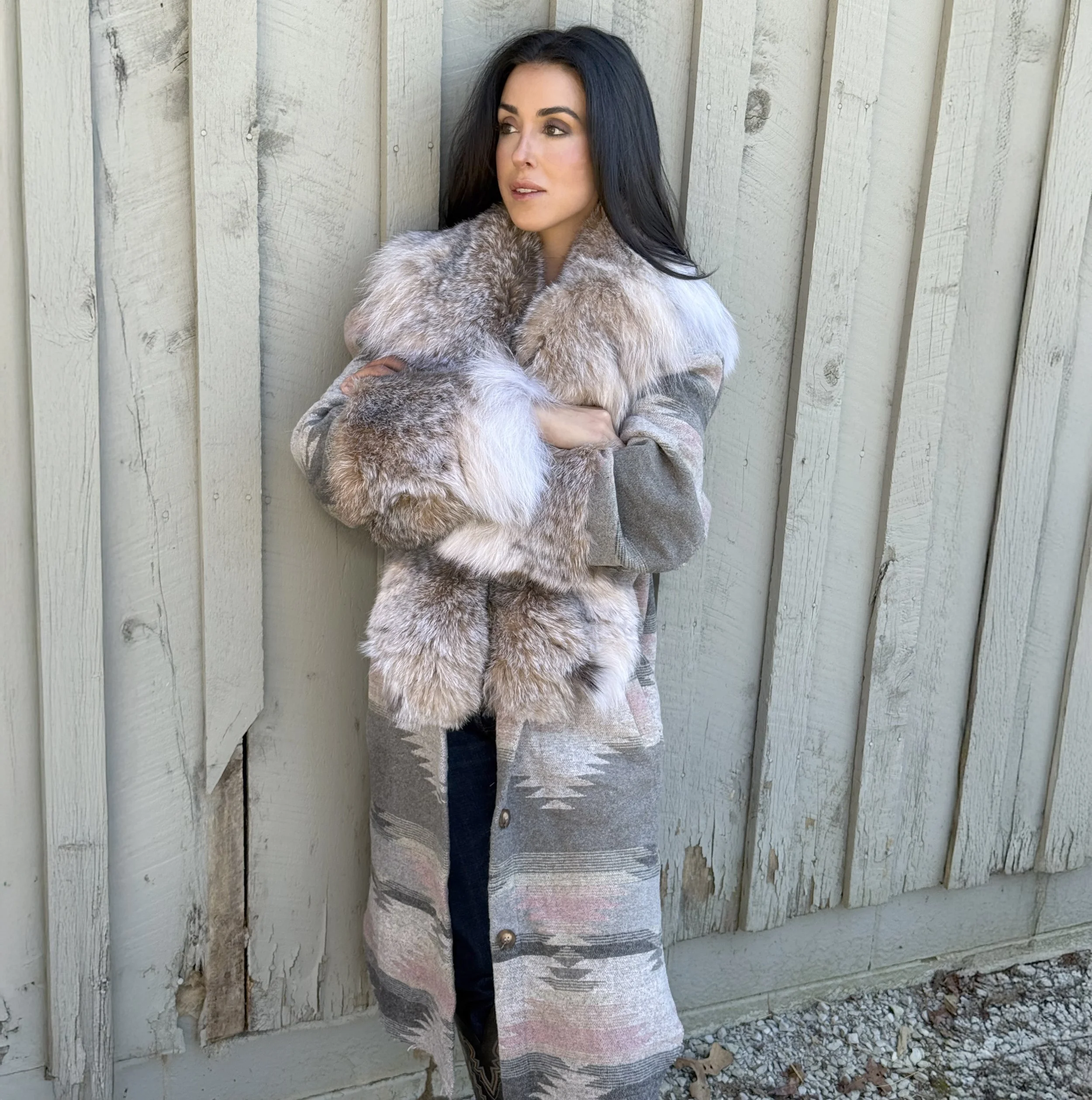 Long Aztec Grey and Pink Coat with Lynx Collar and Cuffs
