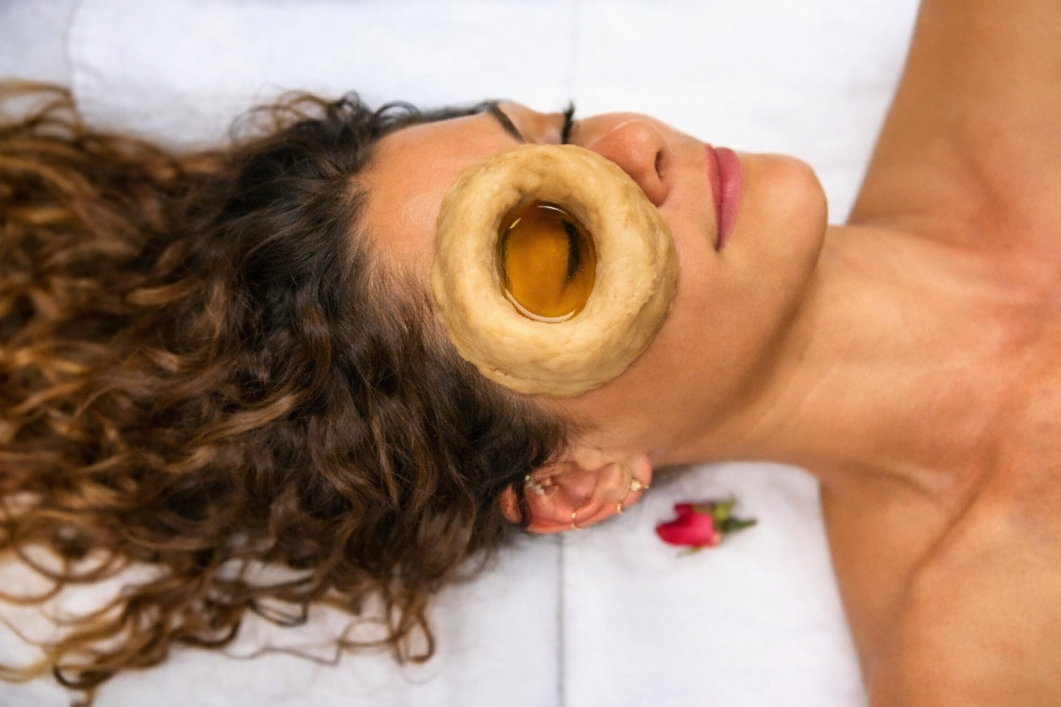 Client receiving Netra Basti, Ayurvedic ghee therapy for the eyes