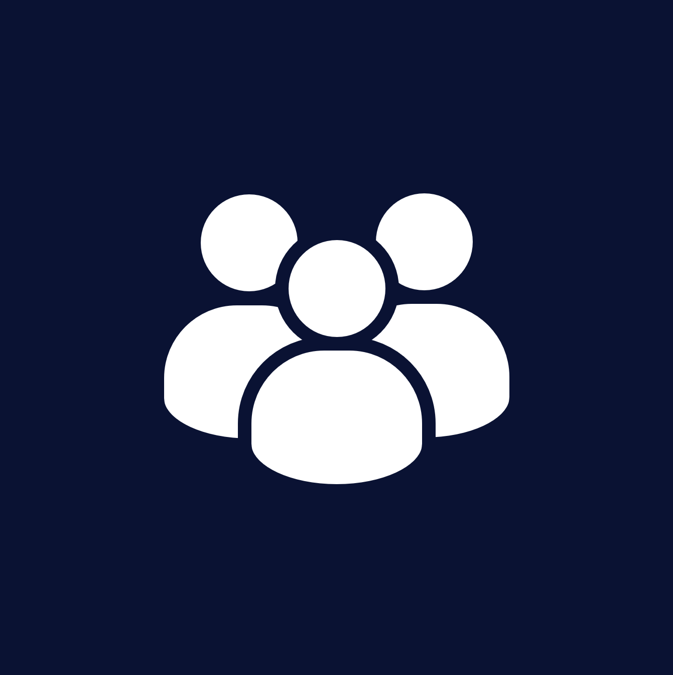 Icon of four white human figures on a dark blue background, representing a group or community.