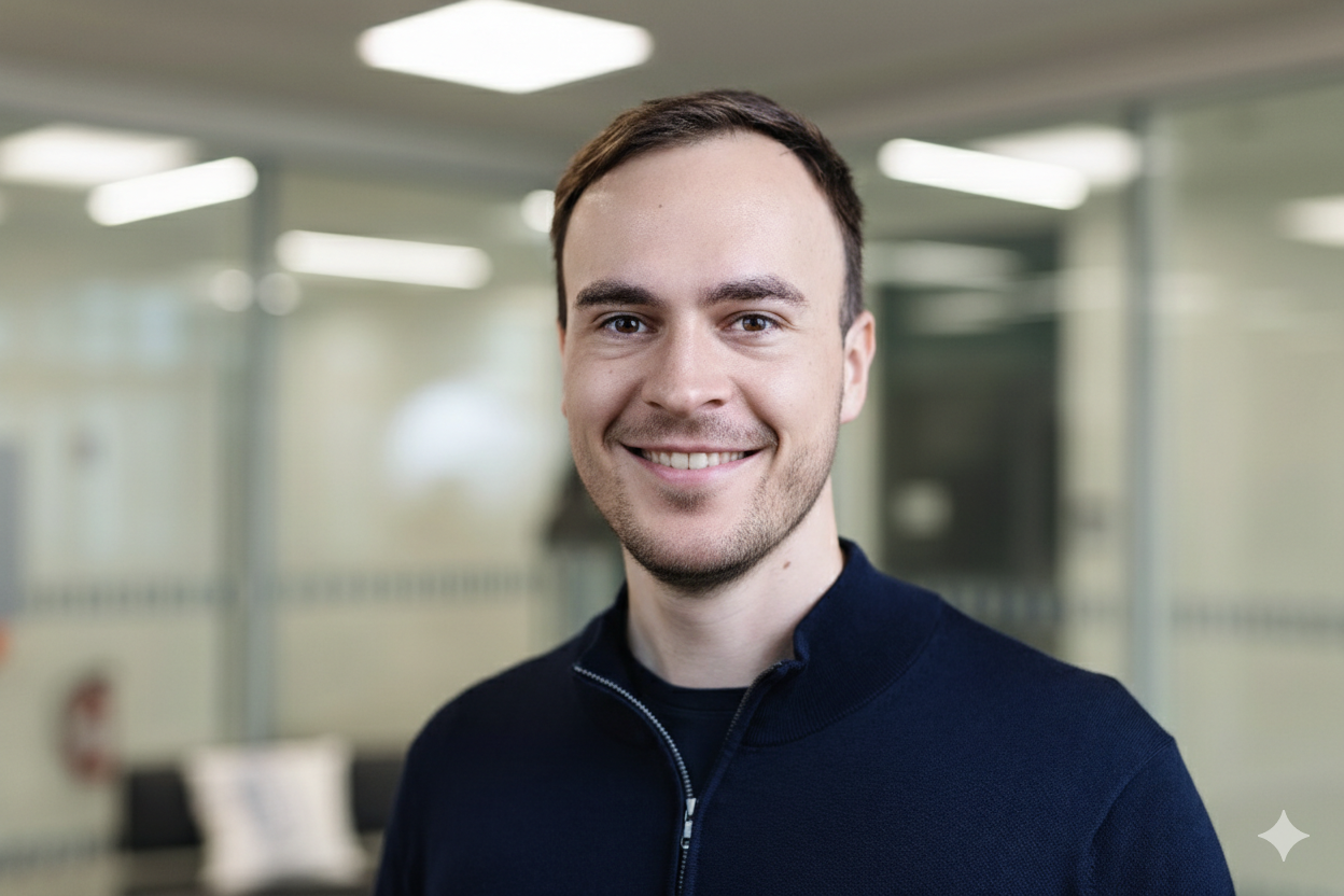 A smiling young man with short brown hair, wearing a dark navy zip-up sweater, standing in an office environment with blurred background of glass walls and bright lighting.