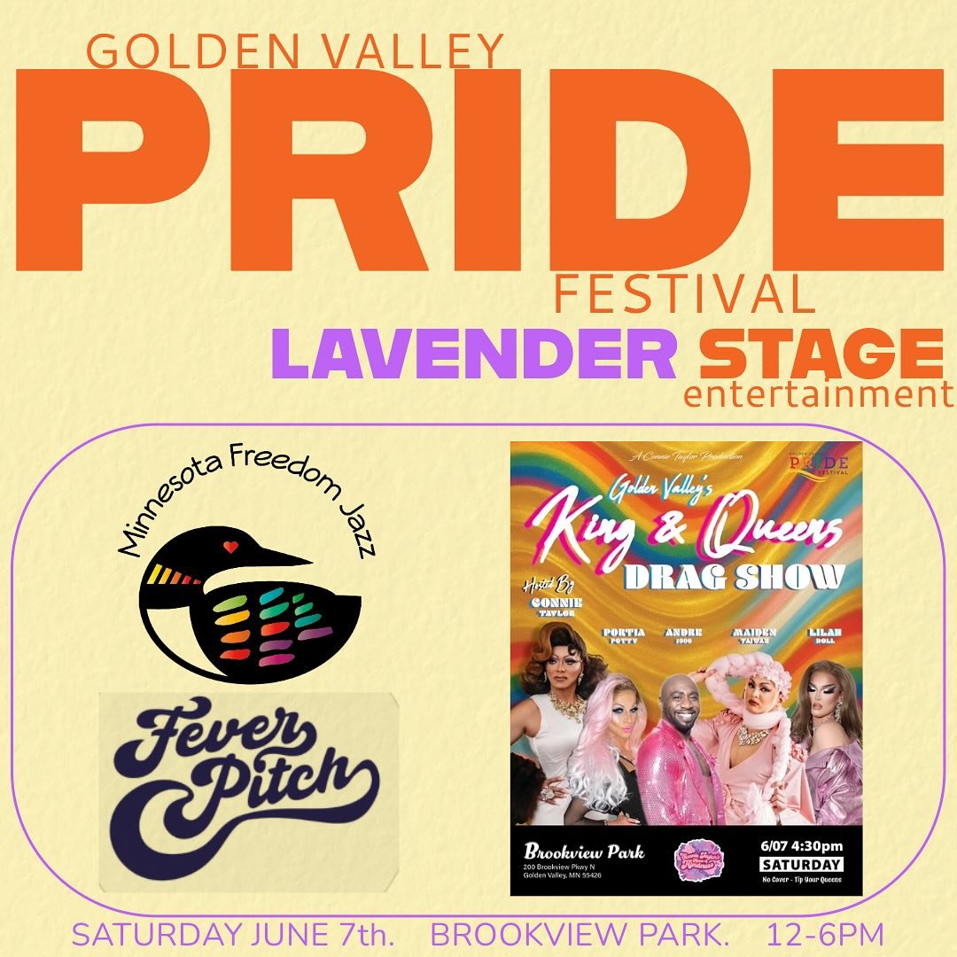💜✨Lavender Stage Entertainment✨💜
Golden Valley Pride Festival is thrilled to announce the fabulous performers who will be gracing the Lavender Stage!
🎶MN Freedom Jazz with their swinging tunes!
🎸Fever Pitch - a high-energy pop/rock cover band,