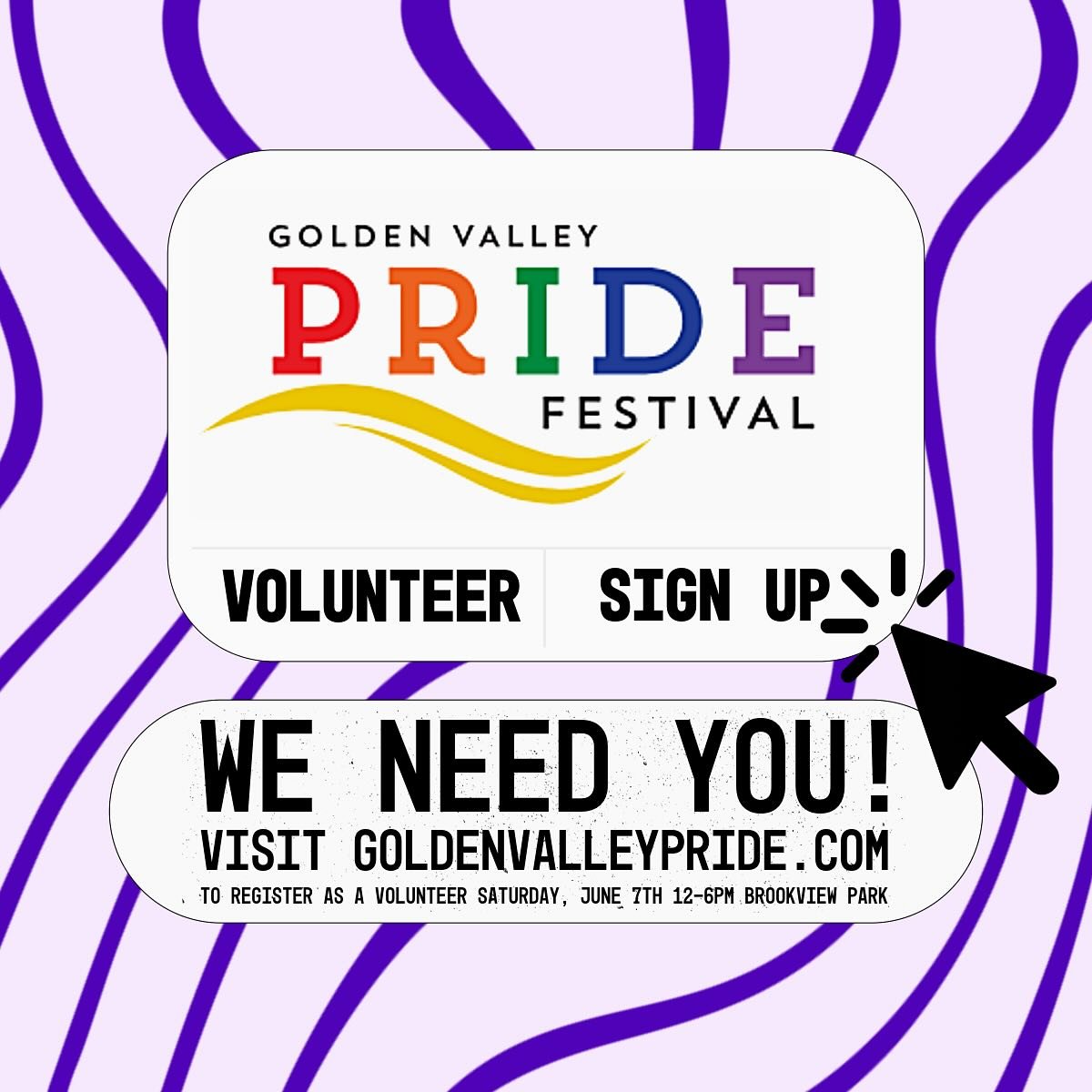 WE NEED YOU‼️
Register at goldenvalleypride.com💻
Golden Valley Pride Festival is seeking volunteers to help on Saturday June 7th at Brookview Park! Be a part of the celebration and join in the fun! 🎉🏳️‍🌈