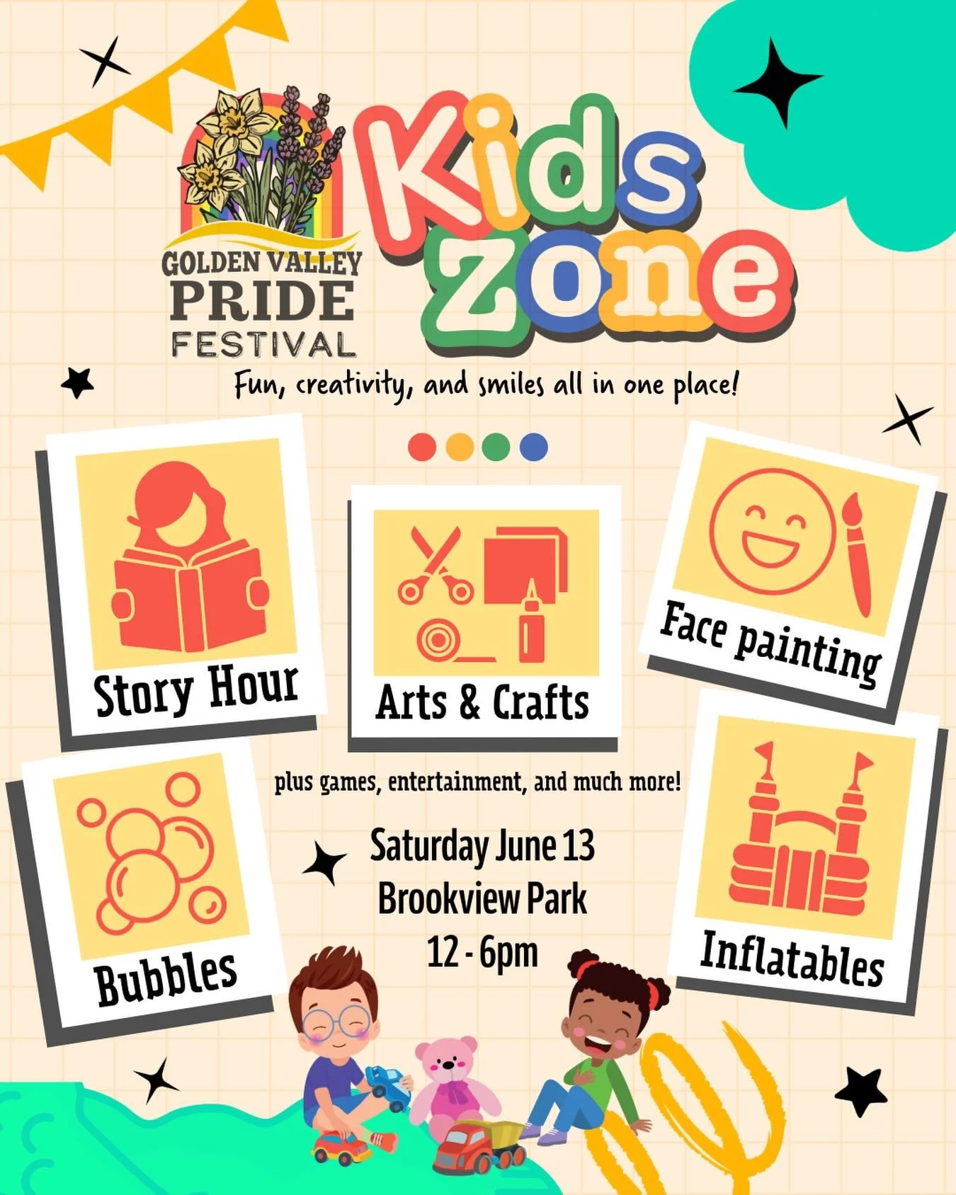 Golden Valley Pride Festival has something for the whole family, including an exciting Kids Zone - fun, creativity, and smiles all in once place! Exciting entertainment provided by @twincitiesroadcrew and community story hours from 1 - 5pm by @outand