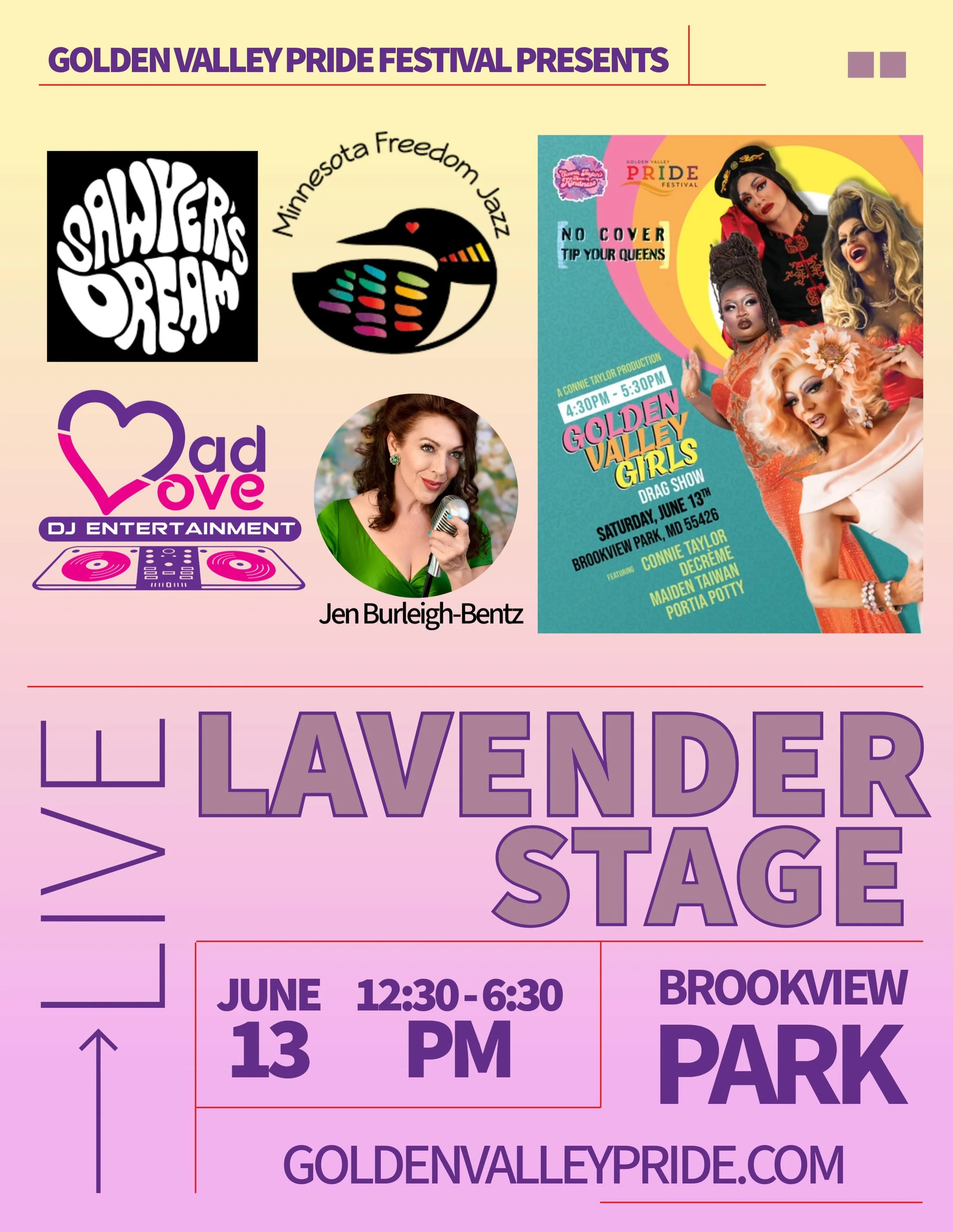 Golden Valley Pride Festival is thrilled to announce the fabulous performers who will be gracing the Lavender Stage!
You won&rsquo;t want to miss this incredible lineup of entertainers - come support them at the Golden Valley Pride Festival on June 1