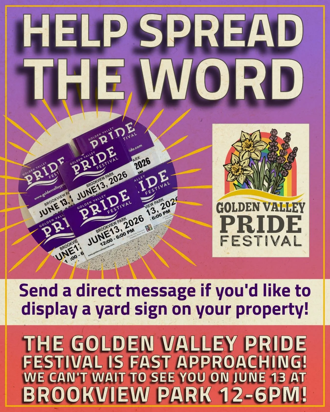 The Golden Valley Pride Festival is fast approaching! Help spread the word by displaying a yard sign on your property! If you&rsquo;re interested, please send a direct message and we&rsquo;ll connect with you! 🏳️&zwj;🌈