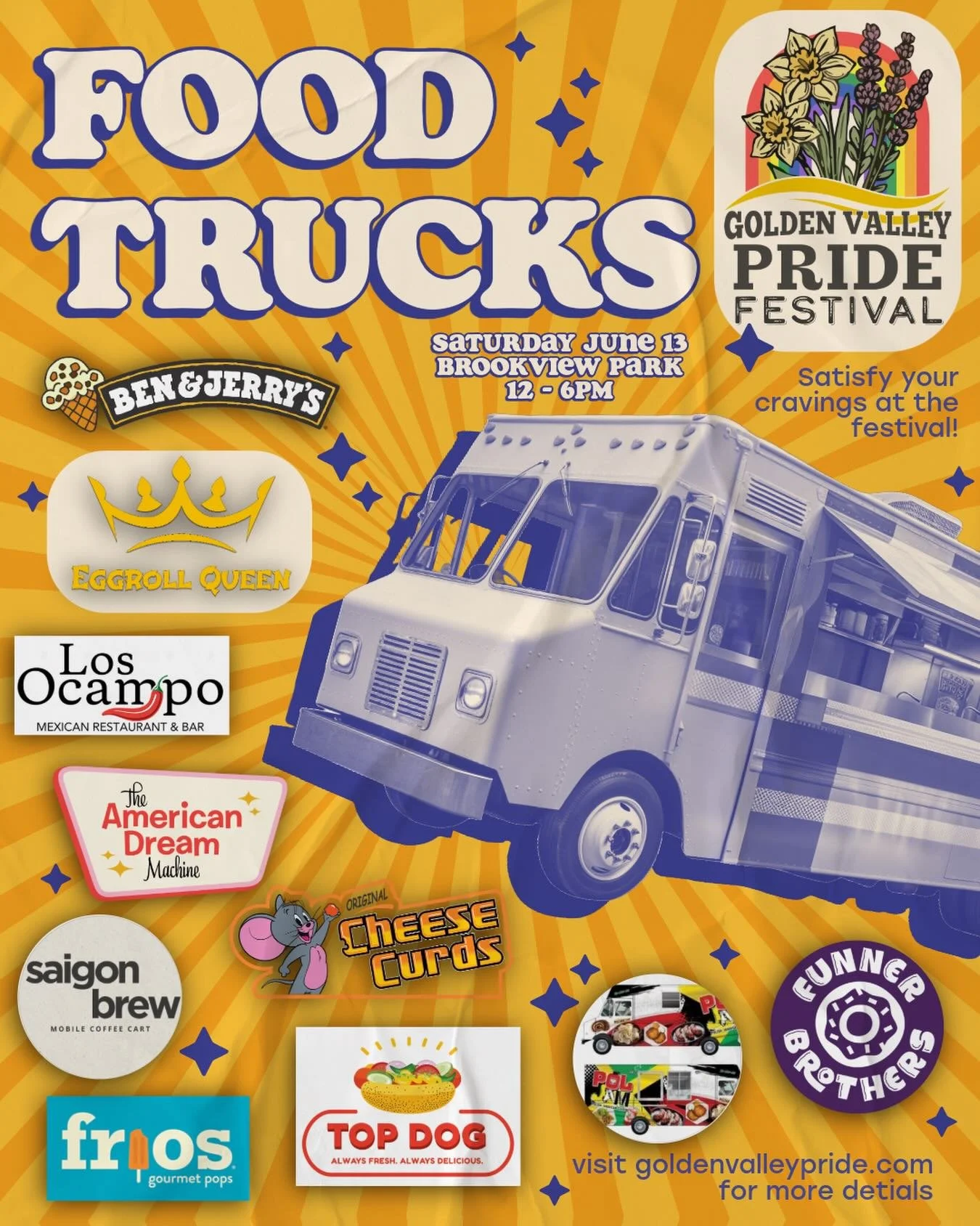 We have all your cravings covered - come satisfy them at the Golden Valley Pride Festival next Saturday, June 13 at Brookview Park from 12-6pm! Featuring @eggrollqueenfoodtruck @losocamporestaurants @the.americandreammachine @saigonbrew.mn @friospops