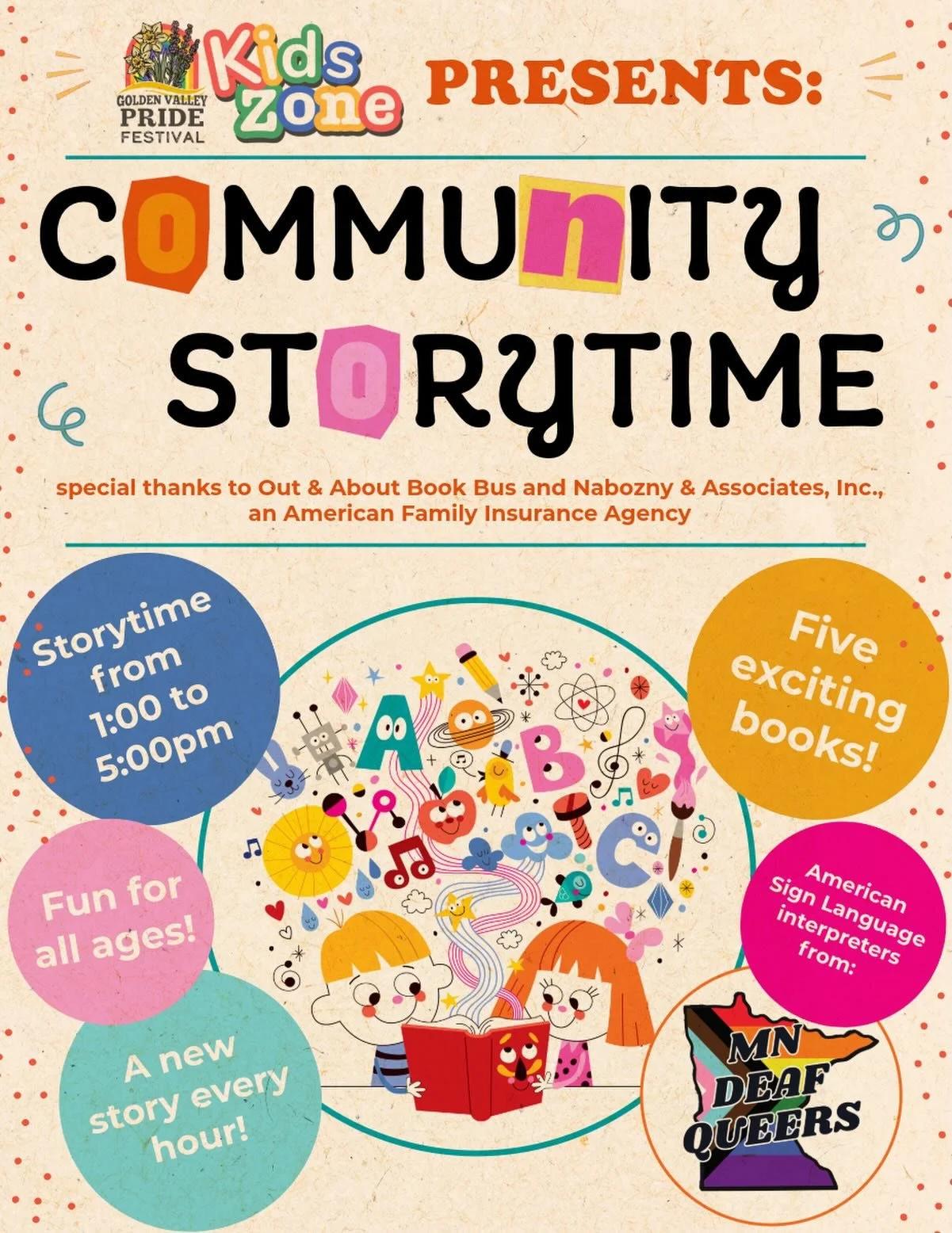 Check out the Kids Zone this Saturday at the Golden Valley Pride Festival for fun, creativity, and smiles all in one place! Featuring Community Storytime at the top of every hour from 1:00 - 5:00pm. Special thanks to @outandaboutbookbus for the incre