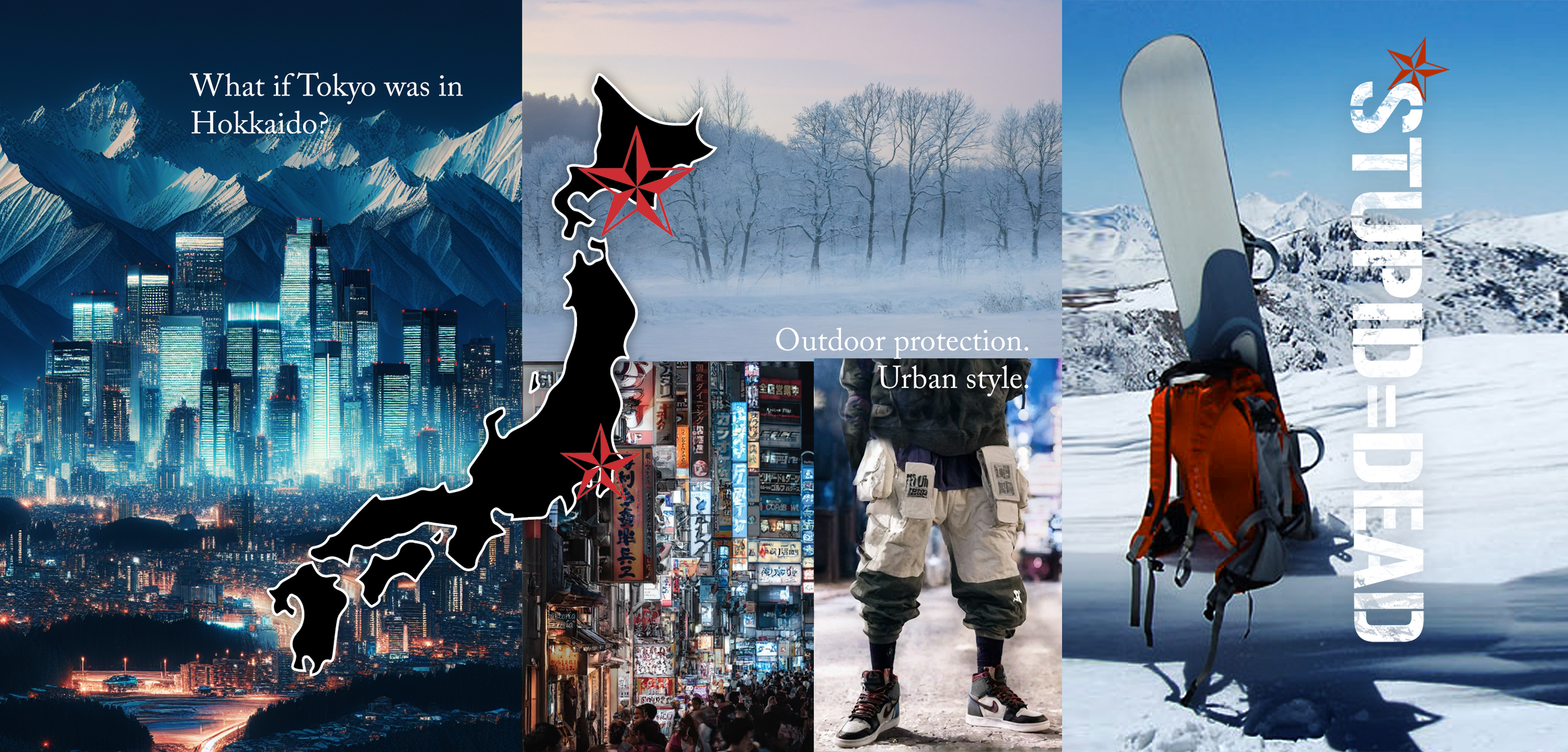 NARRATIVE+MANTRA: (Left) Hypothetical question establishing Nike Storm-Fit ADV direction; what would be the best bag if Tokyo was in the mountains of Hokkaido? (Right) Mantra for backcountry goggle project.