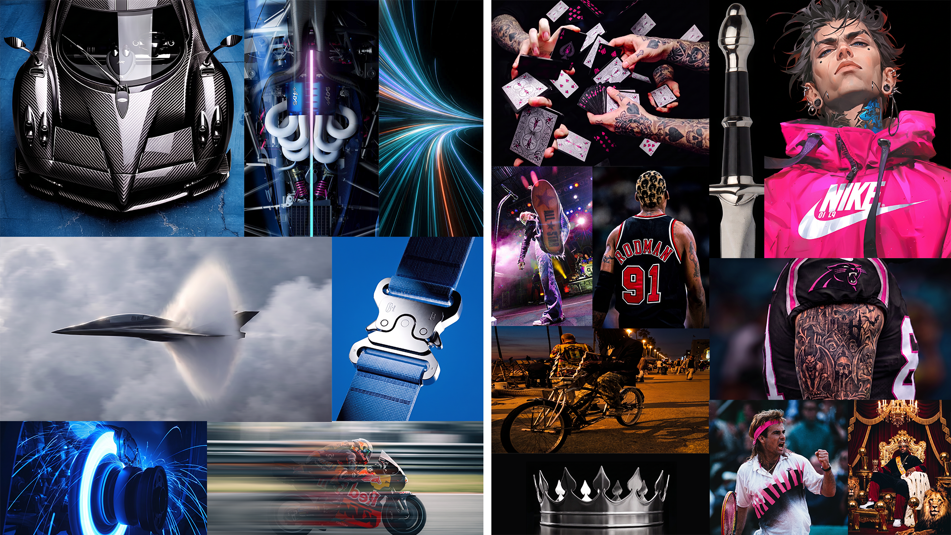 MOOD + AI + INSPIRATION: (Left) V.Carbon eyewear mood board reflecting the speed, precision, and materiality of the project.  (Right) Punk Jock eyewear inspiration elevating and celebrating the magic that happens when sport, art, and rebellious energ