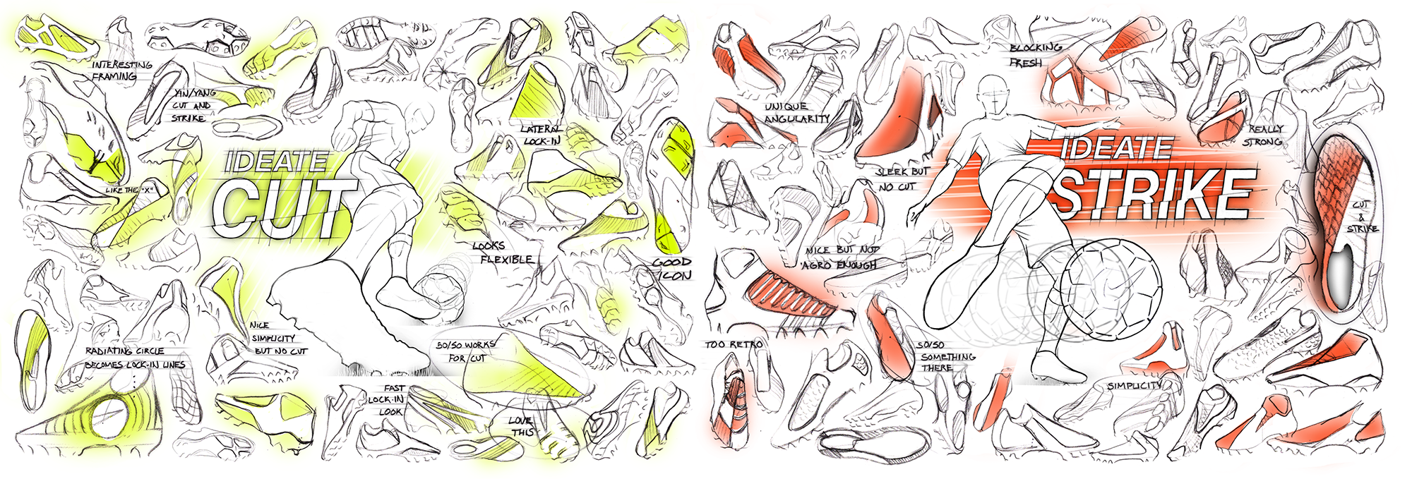 IDEATION: Nike Hypervenom III thumbnail drawings targeting specific athlete performance insight.