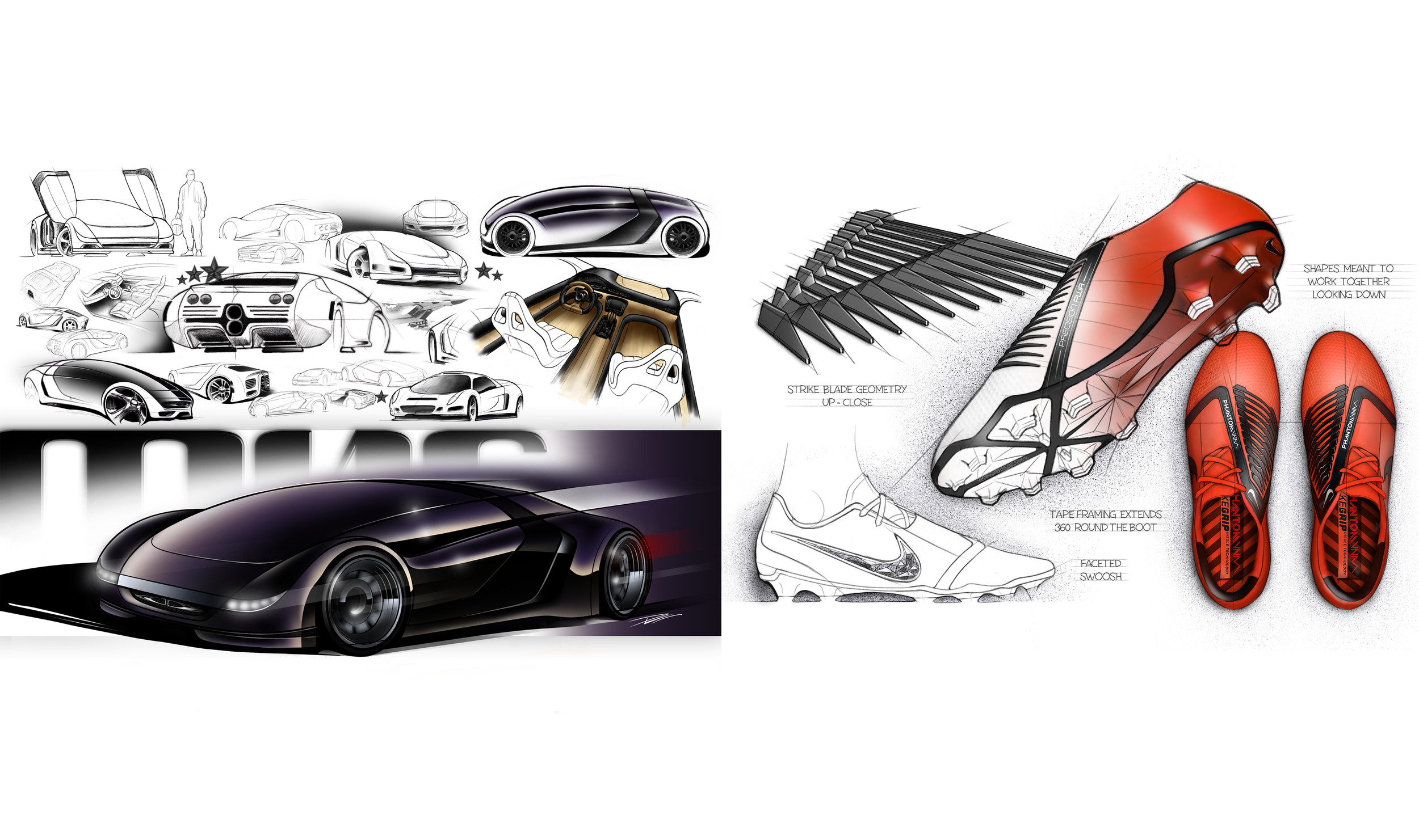 SKETCHING: (Left) Automotive concept sketches. (Right) Nike Phantom VNM final direction sketches.