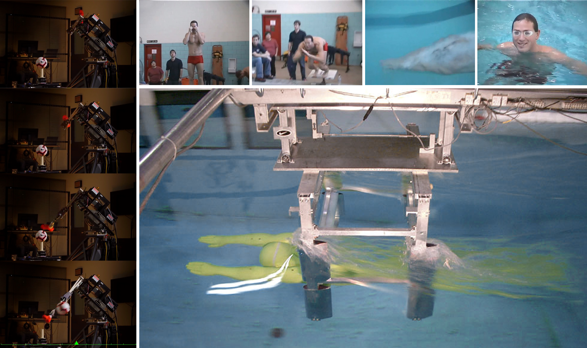 TESTING + DATA GATHER: (Left) First of its kind, robotic kicking machine testing the Nike Phantom VNM for power, accuracy, and consistency. (Top right) Olympic gold medalist swimmer testing the Nike Swift Swim Strapless Goggle. (Bottom right) Hydrody