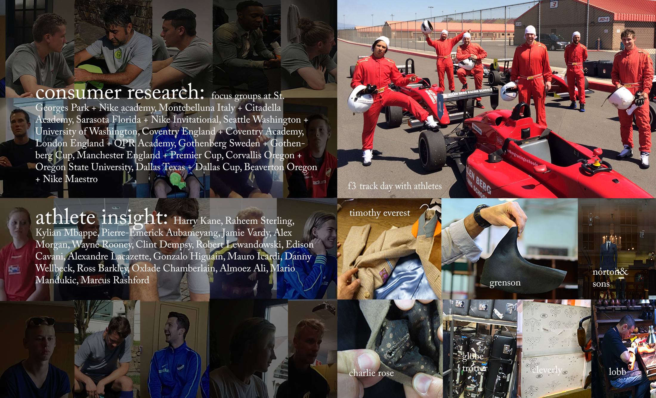 CONSUMER RESEARCH+INSIGHT: (Left) Focus groups and athlete insight gathering for the Nike Hypervenom III and Phantom VNM.  (Top right) Athlete experience to inspire moonshot thinking about skateboarding.  (Bottom right) Tour of English craft for Nike