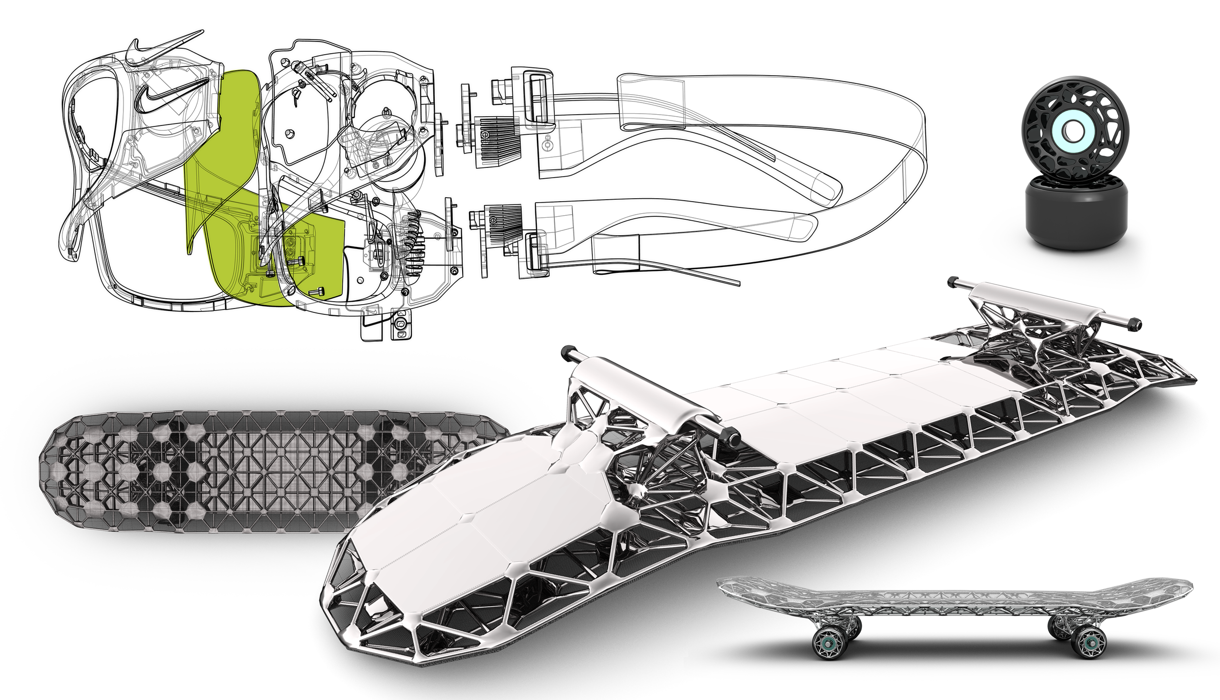 3D MODELING + GENERATIVE DESIGN: Experienced in many forms of 3D modeling including parametric, Class-A NURBS surfaces, Sub-D, polygonal, generative, and AI modeling.  (Top) Built 3D model used for production mold of the Nike Strobe (sensory sport tr