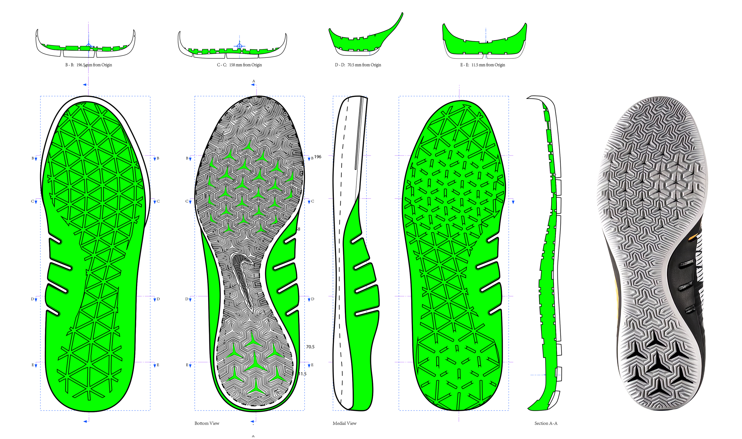 TECHNICAL DRAWING: Nike Mercurial Finale IC midsole and outsole tech pack and (right) confirmed production midsole + outsole.