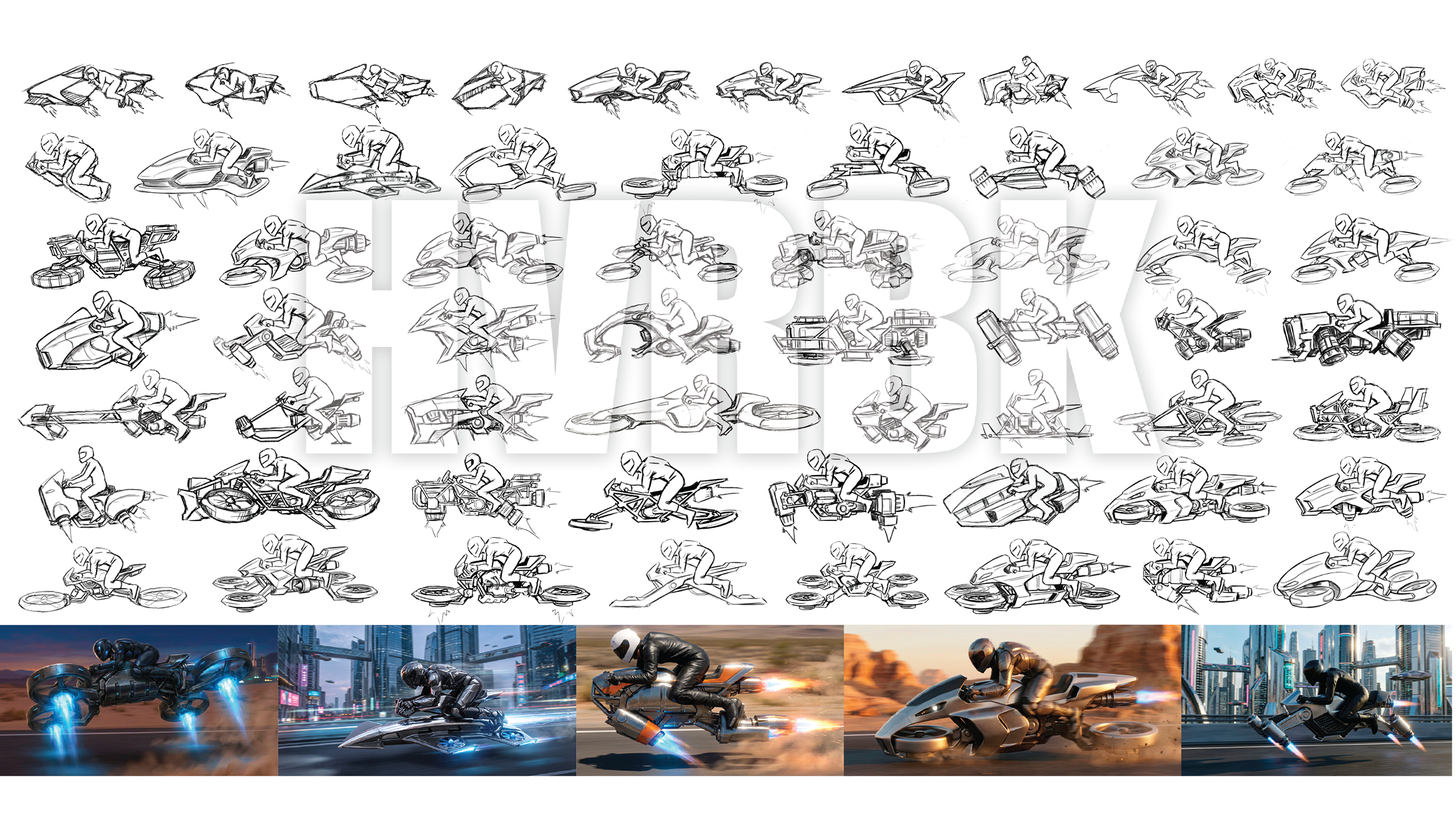 ITERATION+AI+CURATION:  Hoverbike concept exploration using iterative hand-sketching and AI. Refining direction -  600 (not shown) -  60 -  5.