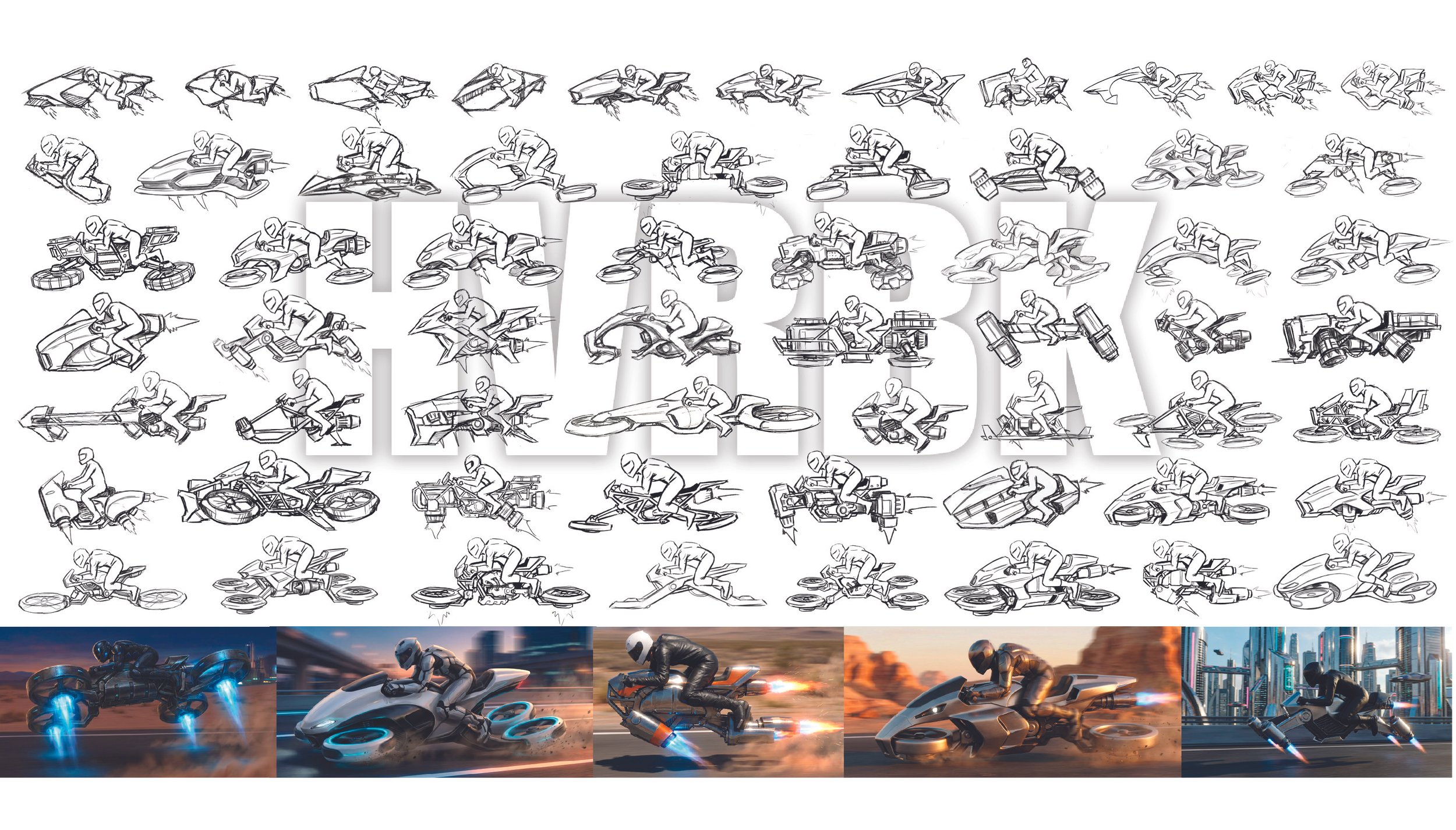 ITERATION+AI:  Hoverbike concept exploration using iterative hand-sketching and AI. Refining direction -  600 (not shown) -  60 -  5.