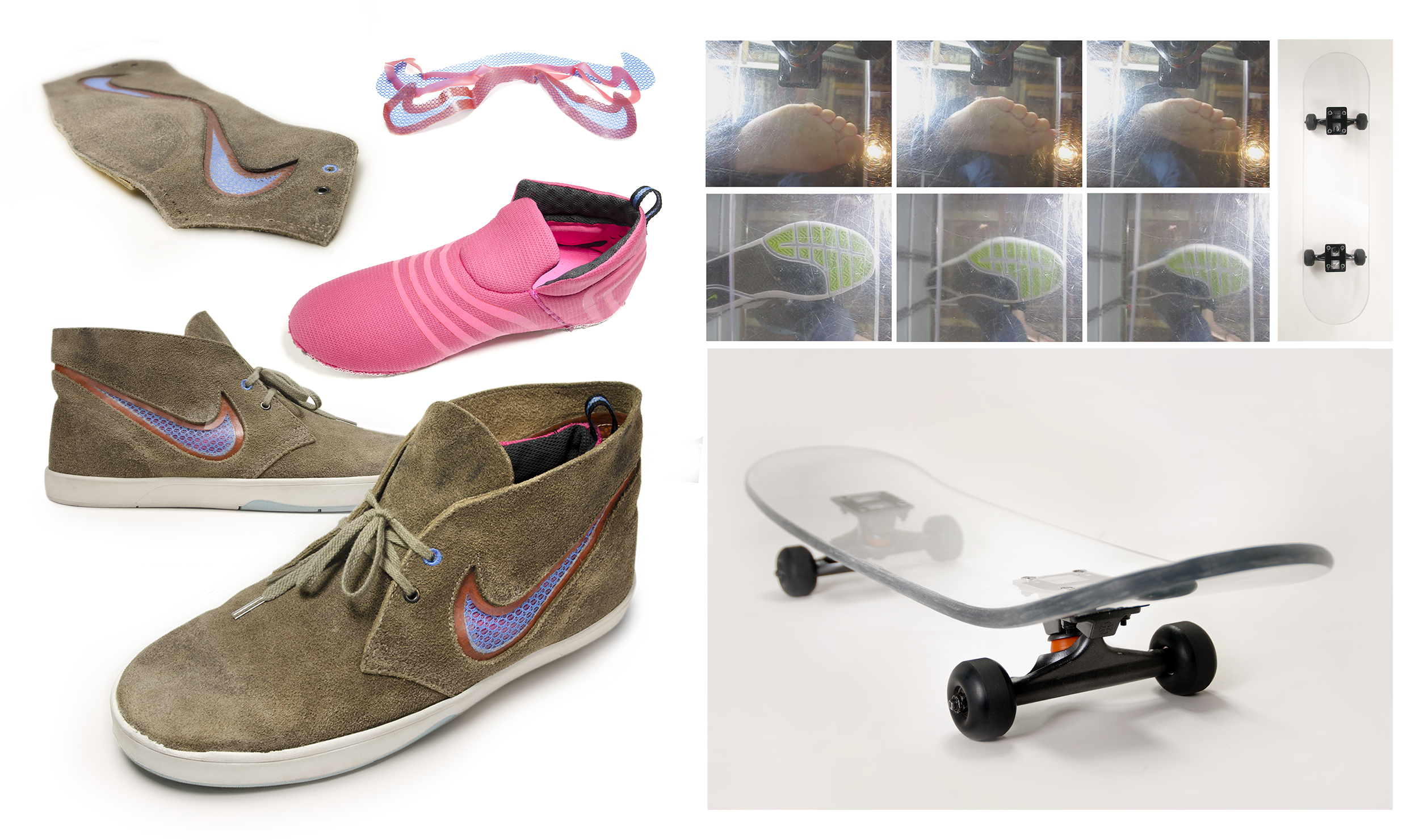 HAND MAKING: (Left) Handmade original Nike SB Hybred Boot prototype utilizing pattern engineering, laser cutting, sewing, HF welding, pressing, strobel stitching, and sole laying.  (Right)  Handmade clear polycarbonate skateboard that required 3 days