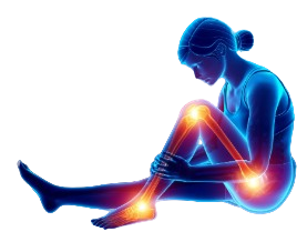 Digital illustration of a woman experiencing knee pain, with highlighted pain areas in the knee and ankle.